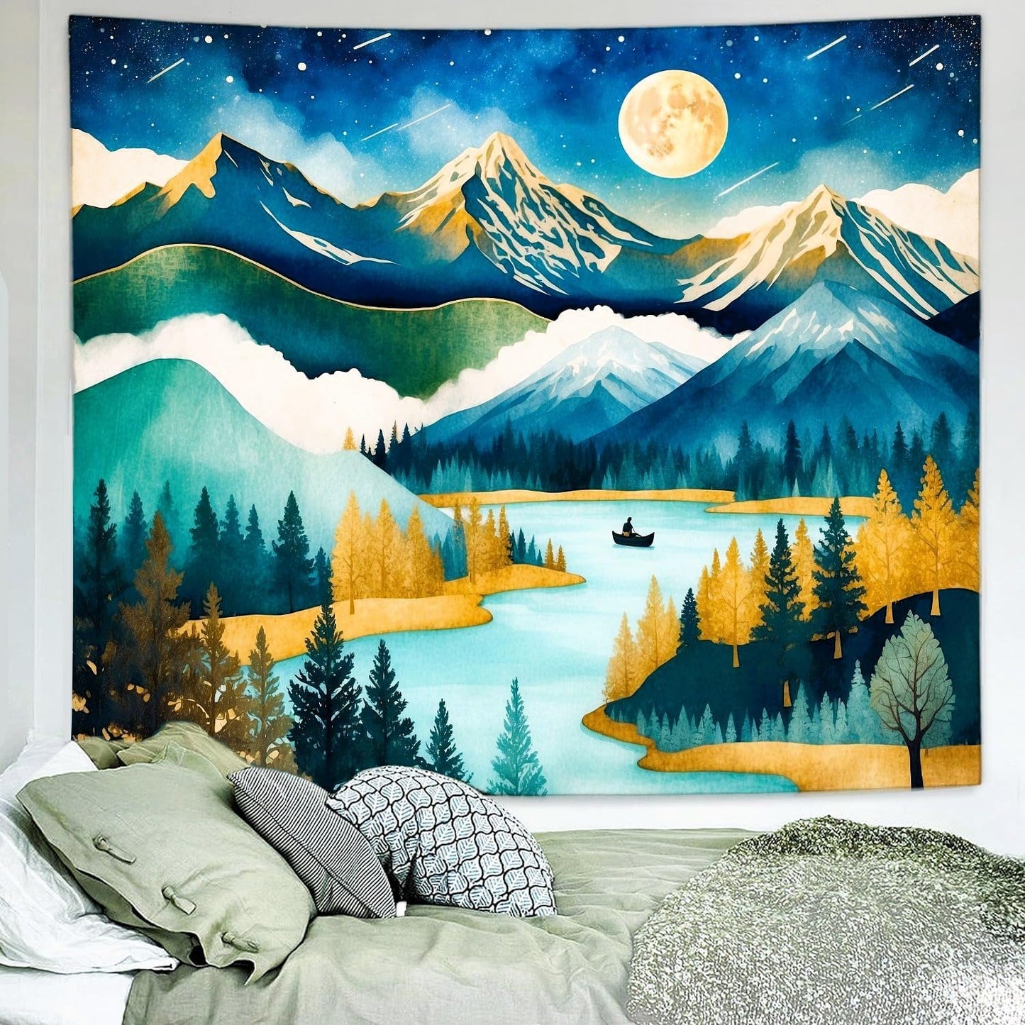 Delur Mountain Tapestry Boho Moon Stars Starry Night Tapestry Wall Hanging Forest Tree Nature Landscape Psychedelic Headboard for Bedroom Living Room Home Decor (70.8" x 92.5")