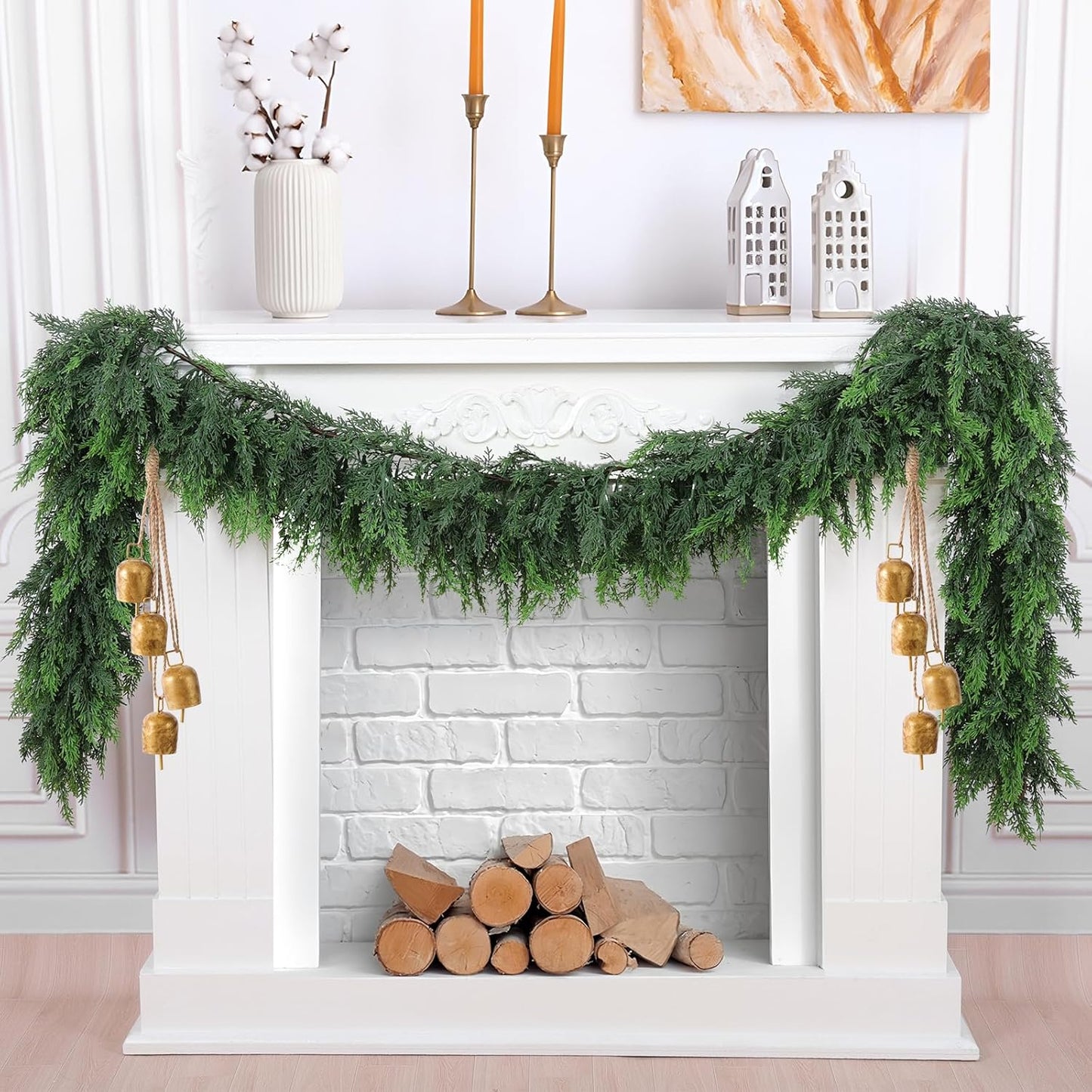 Hananona 6 FT Artificial Cedar Garlands, Real Touch Winter Cedar Cypress Garland, Green Artificial Greenery Pine Garland for Table, Mantle, Wall, Indoor, Outdoor Christmas Decorations (1, 6 FT)
