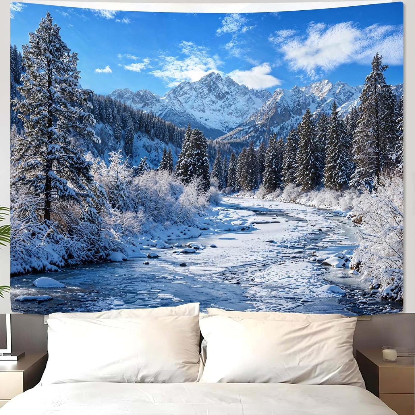 AMM Winter Forest Snow Mountain Tapestry Snowy Pine Tree Woodland Tapestry for Bedroom Aesthetic White Clouds Flowing River Landscape Tapestries Wall Hanging for Living Room Dorm Office 60 x 44 Inch