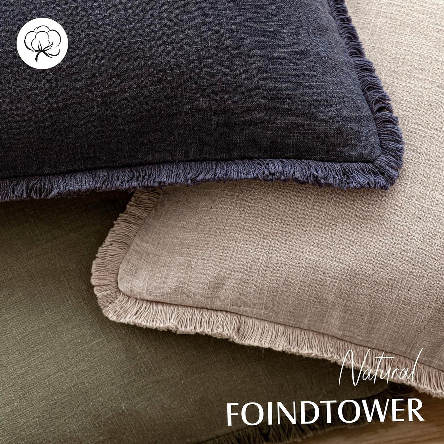 Foindtower Set of 2 Decorative Linen Fringe Throw Pillow Covers Farmhouse Cushion Cover with Tassels Soft Accent Pillowcase for Couch Chair Sofa Bed Living Room Home Decor,24×24 Inch,Natural Linen