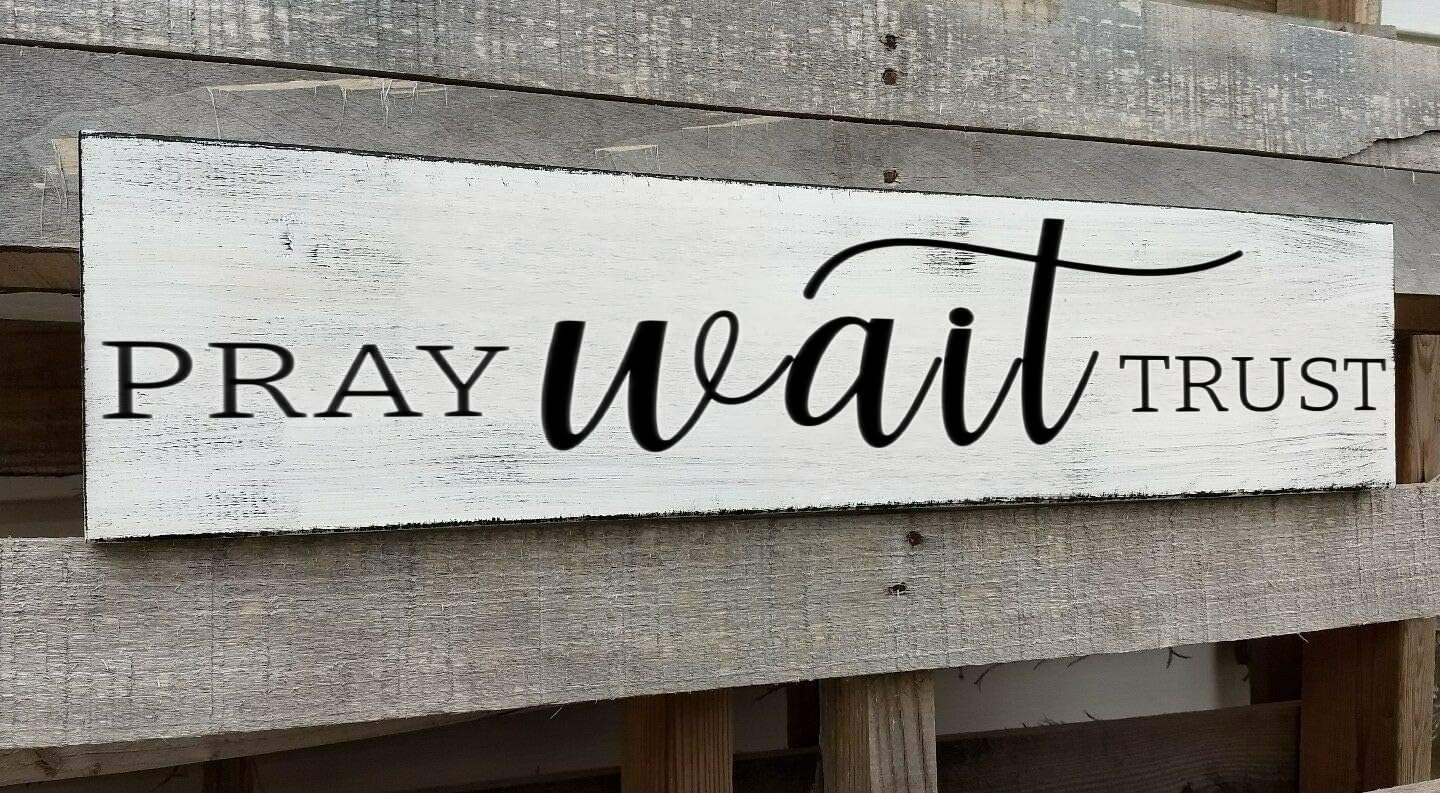 Pray Wait Trust Sign, Farmhouse Christian Wall Art, Religious Home Decorations Faith Wall Decor (Pray) 6x16 Inch