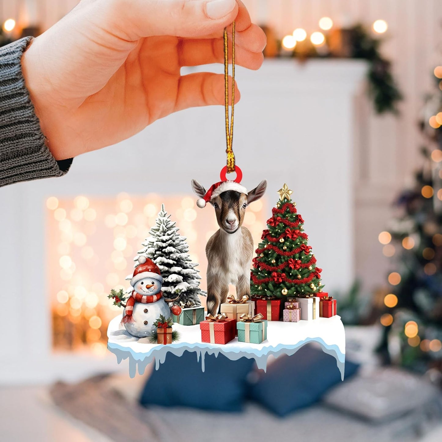 Talataca Goat 2D Flat Christmas Ornament, Goat Gift Boxes Pine Tree Decor, Hanging House Charm Eve Keepsake, Car Rear View Mirror Accessories, Xmas Gift