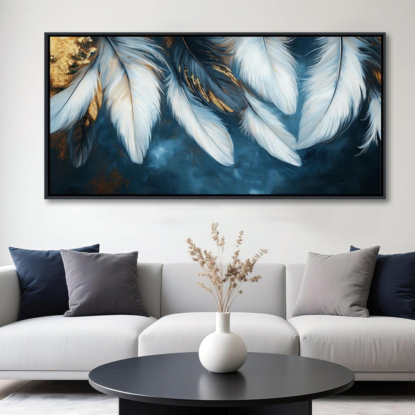 Mofutinpo Blue and Gold Wall Art Framed Navy Blue Decor for Living Room Feather Canvas Art Wall decorations, Blue Bedroom Wall Decor Above Bed Pictures Wall Decor, Painting - Artwork for Walls 20×40IN