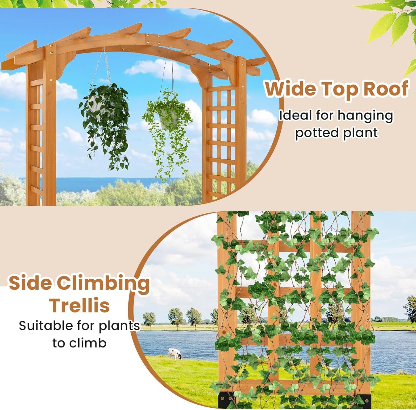 Giantex 7.5FT Wood Garden Arbor Trellis, Wooden Wedding Arch for Ceremony Party, Outdoor Archway Pergola for Climbing Plants, Pathway, Yard, Garden Decor, Easy Assembly (Honey Brown, 63''W x 90''H)