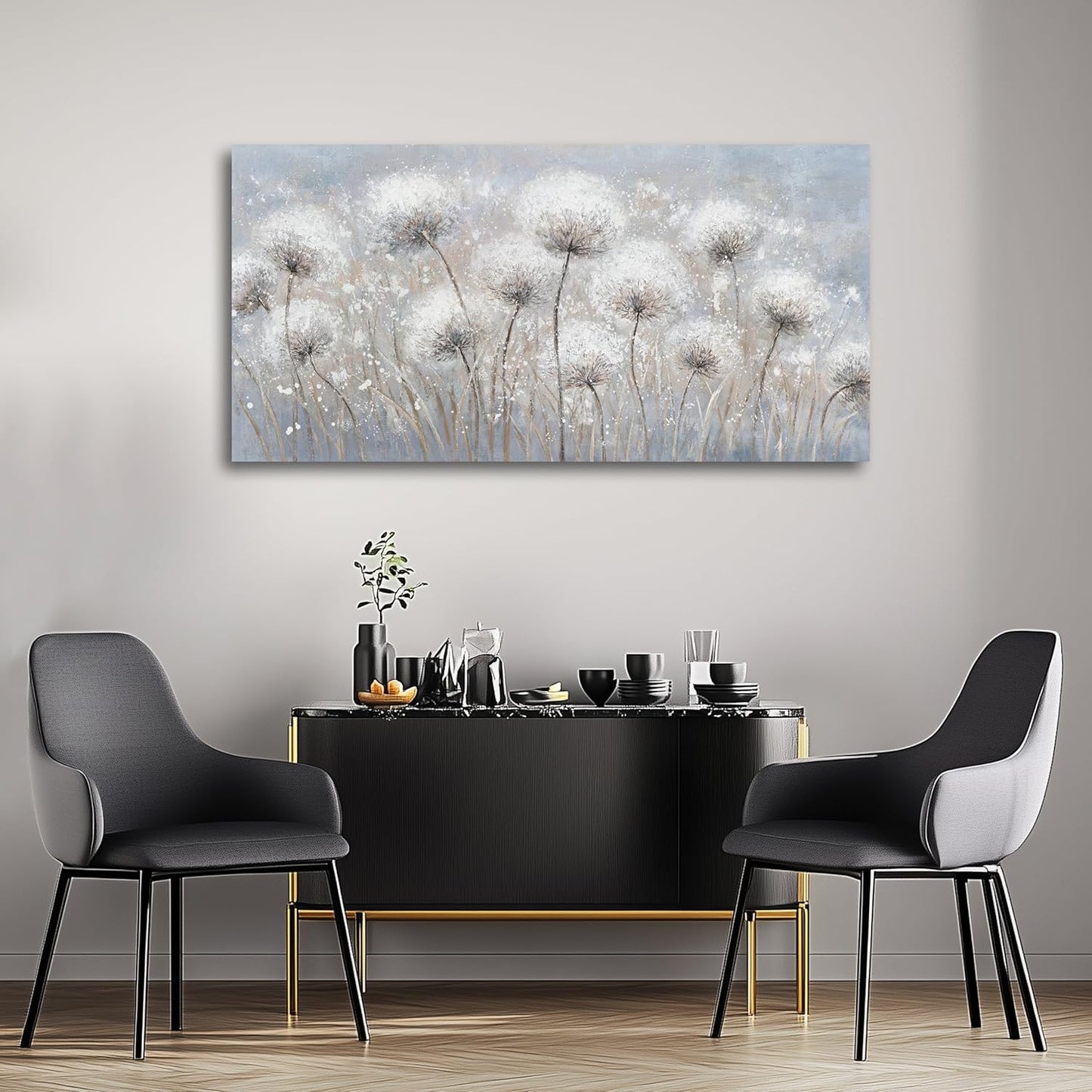 Belmrxne Dandelion Floral Wall Art White and Black Wall Decor Modern Artwork Above Couch Canvas Painting for Living Room Bedroom Dining Room Office Home Decor 24x48 inch