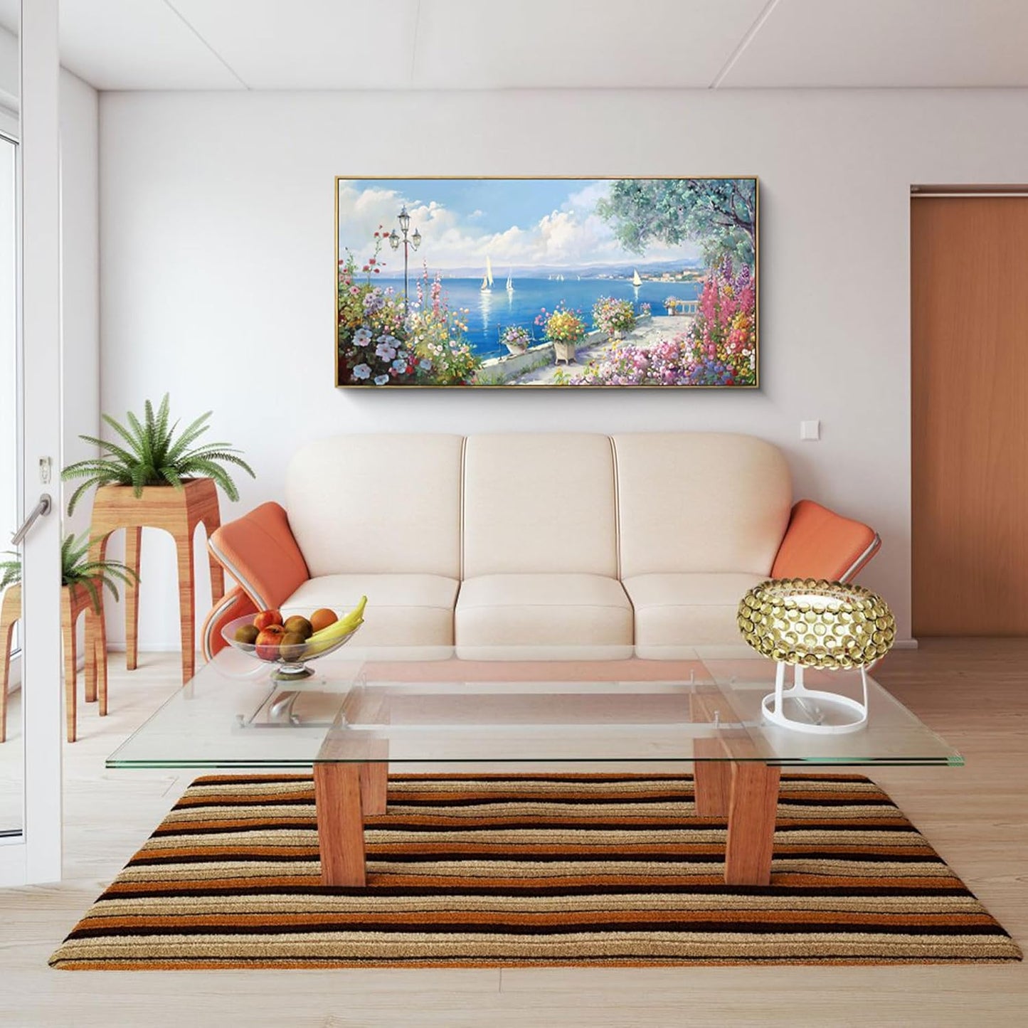 XLSJERST Blue Coastal Wall Art - Ocean Seascape Canvas Yellow Green Flowers Painting Landscape Sailboat Picture Artwork Modern Large Framed for Living Room Bedroom Home Office Decor 20"x40"