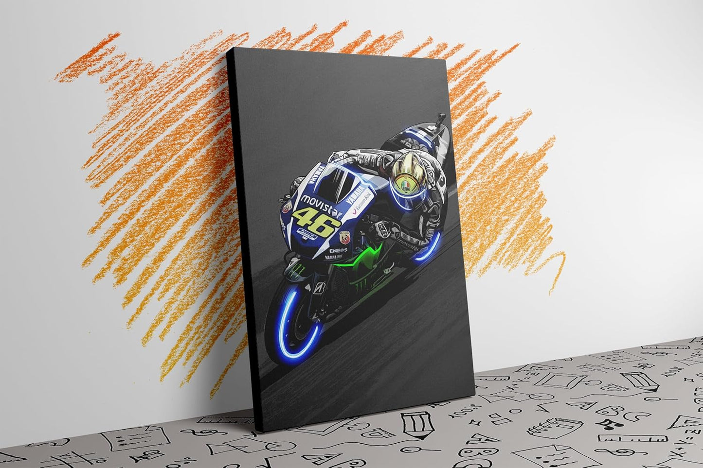 Sorventina Neon-Style Blue #46 YZR-M1 GP Bikes Canvas Wall Art - 16x24 Wrapped Frame, Non-LED, Ideal Home Decor for Bedroom Living Room Office Garage or Man Cave