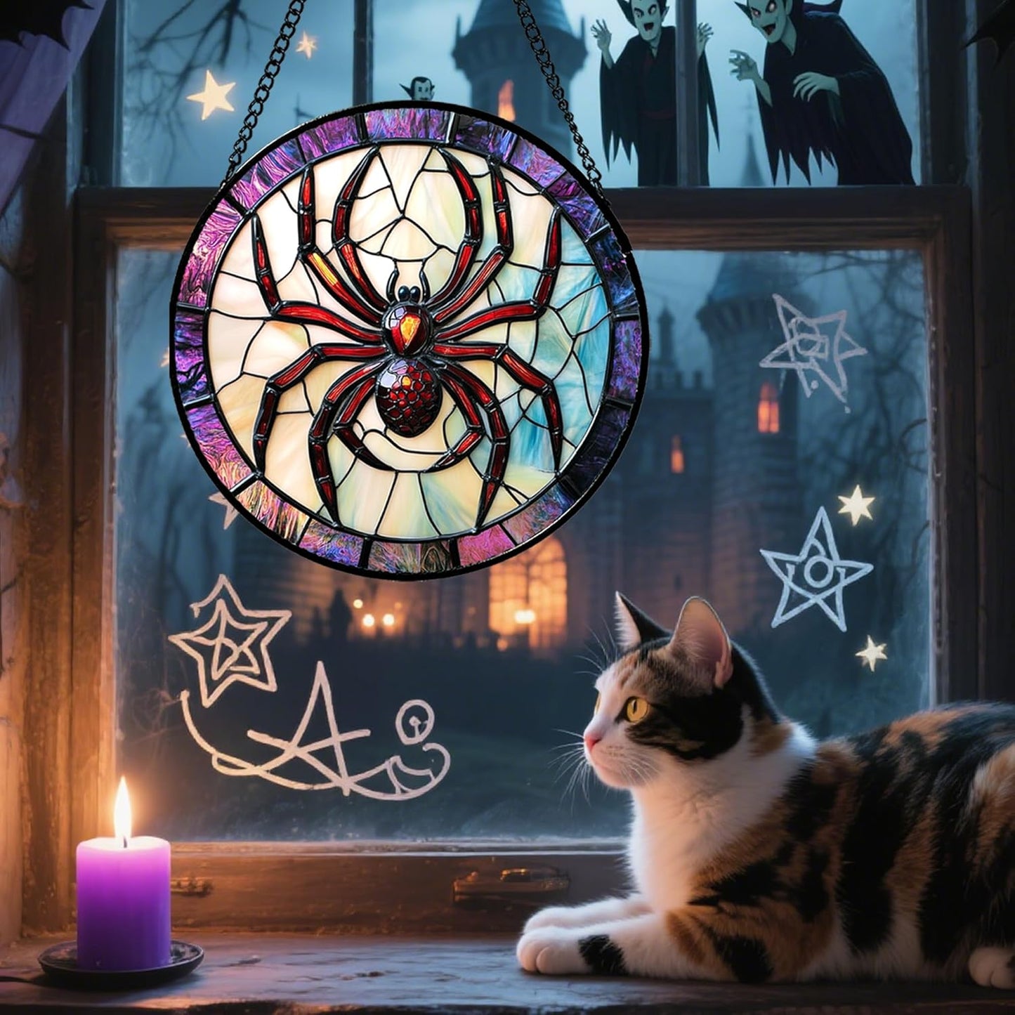 Stained Glass Window Hanging - Halloween Decorations Red Spider Goth Suncatcher for Doors Garden Indoor Funny Spooky Sun Catchers Gothic Decor Horror Gifts for Women Men Friend 6.3 in