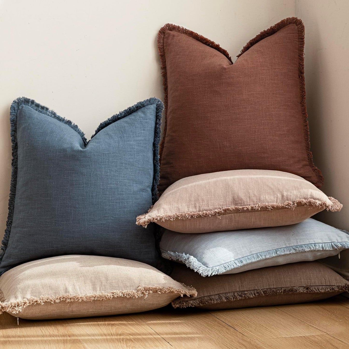 Foindtower Set of 2 Decorative Linen Fringe Throw Pillow Covers Cozy Farmhouse Cushion Cover with Tassels Accent Pillowcase for Couch Chair Sofa Bed Living Room Home Decor,20×20 Inch,Dark Blue