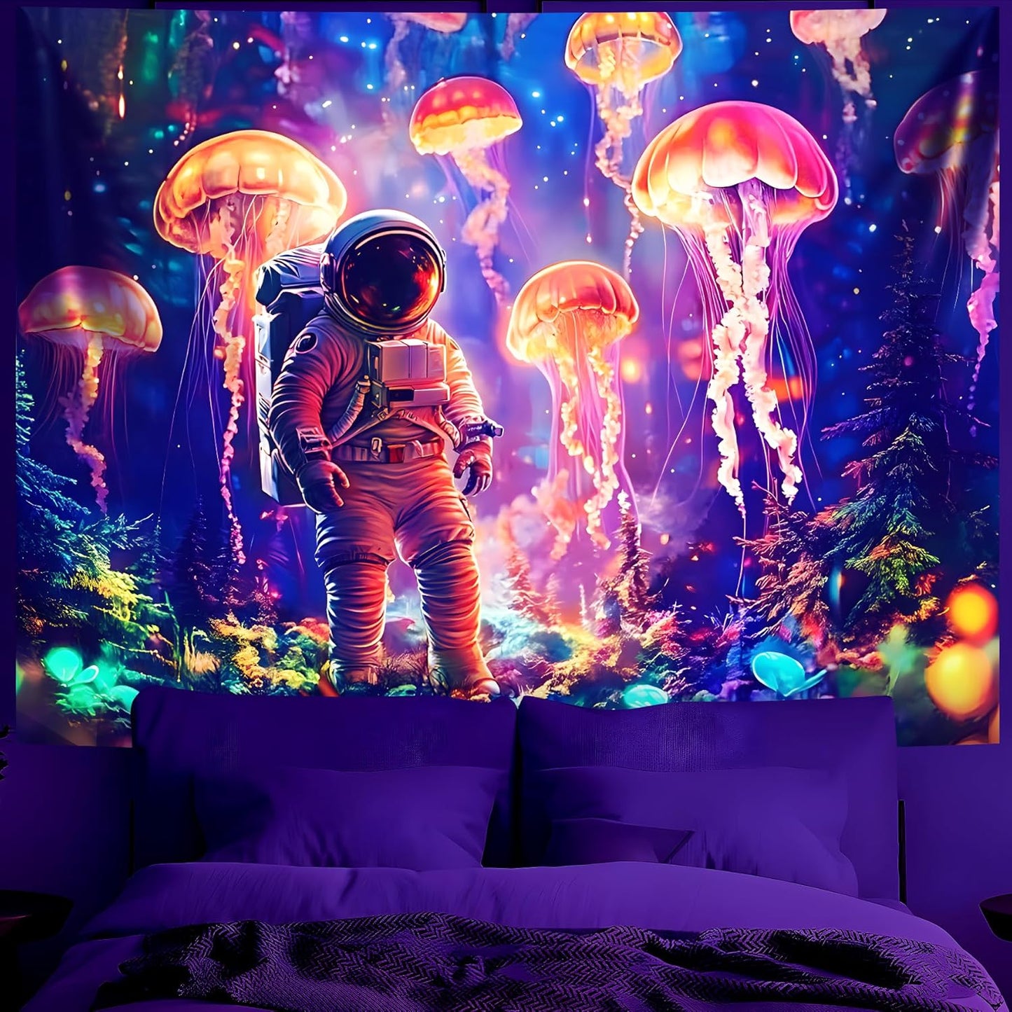 BVBOX Astronaut Blacklight Tapestry 79"x59", UV Reactive Astronaut Jellyfish Underwater World Glow in Dark Tapestries, Black Light Neon Upright Poster Wall Hanging Backdrop Decor for Bedroom Living Room