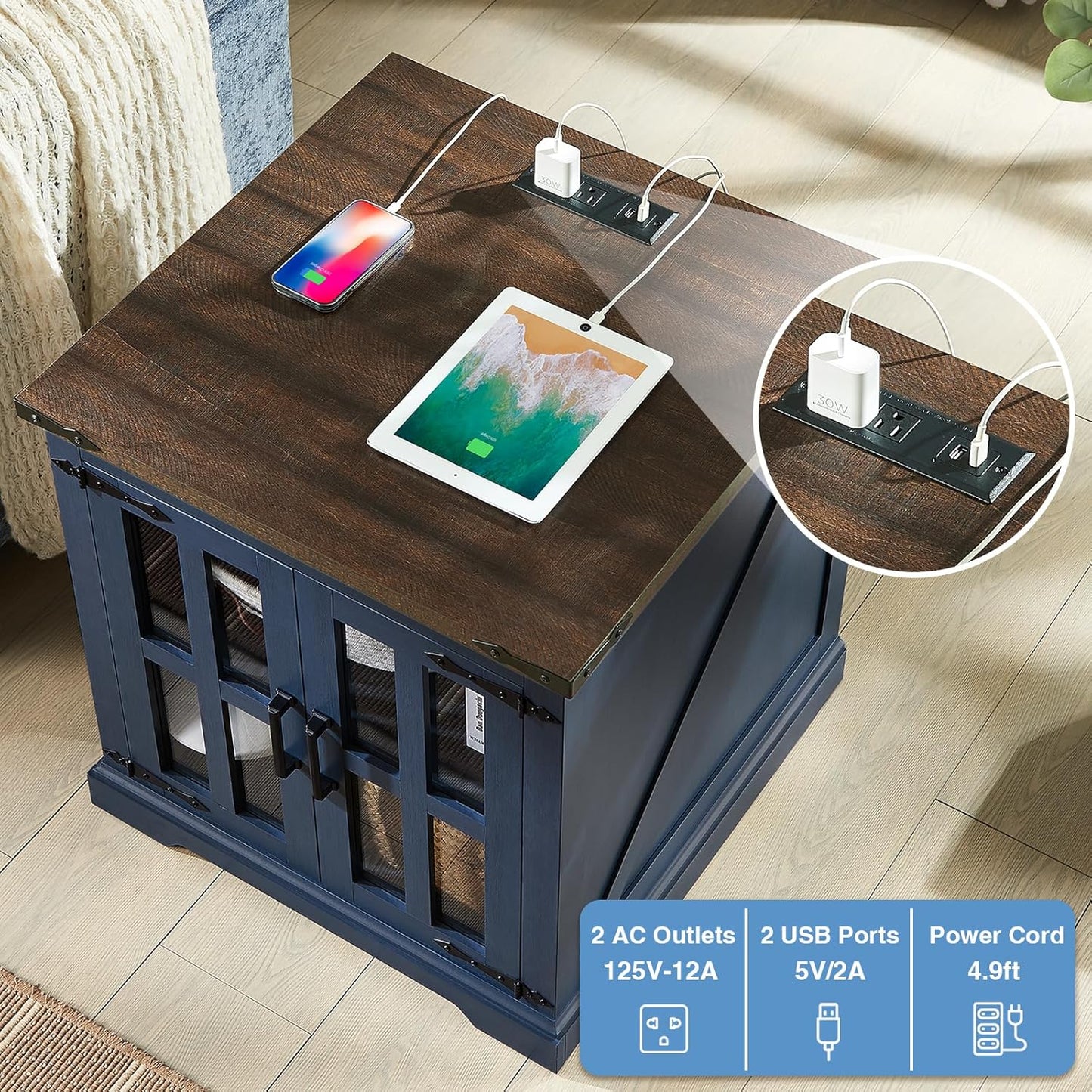Farmhouse End Table with Charging Station,24" Large Side Table with Glass Barn Door, Rustic Wood Nightstand Bedside Table with Adjustable Storage Shelf for Living Room, Bedroom, Blue,2 Pack
