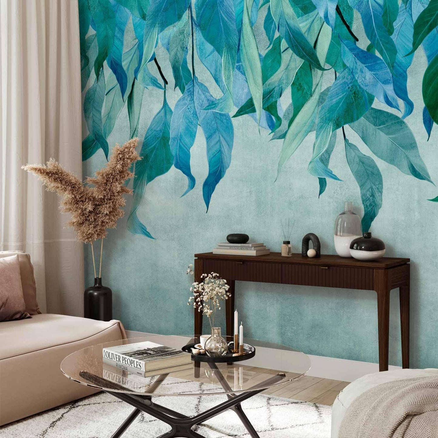 artgeist Wall Mural Hanging Leaves 138x101 in - Non-Woven Wallpaper Fleece Wall Decor Photo Print Picture Image Design Nature Botanical Concrete Green Blue b-C-10146-a-b