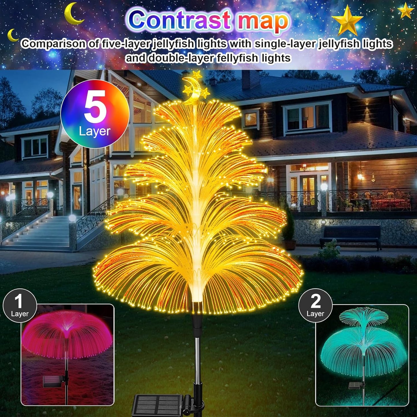 Solar Christmas Tree Lights Decorations Outdoor Waterproof 5 Layer Optical Fiber 7 Color Changing for Yard Pathway Outside Decorative Gifts Christmas, 3 Pack