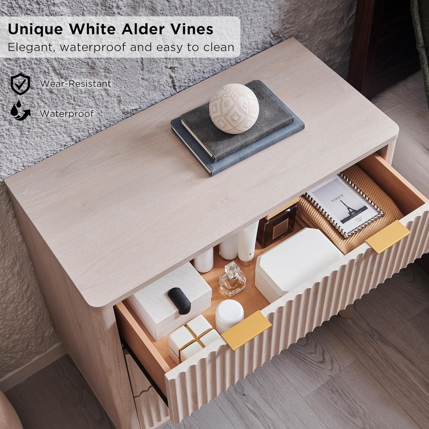 T4TREAM 32" Tall Fluted Nightstand, Modern Side Table with 3 Drawers, End Table w/Storage, Bedside for Bedroom, Living Room, Curved Profile Design, White Alder