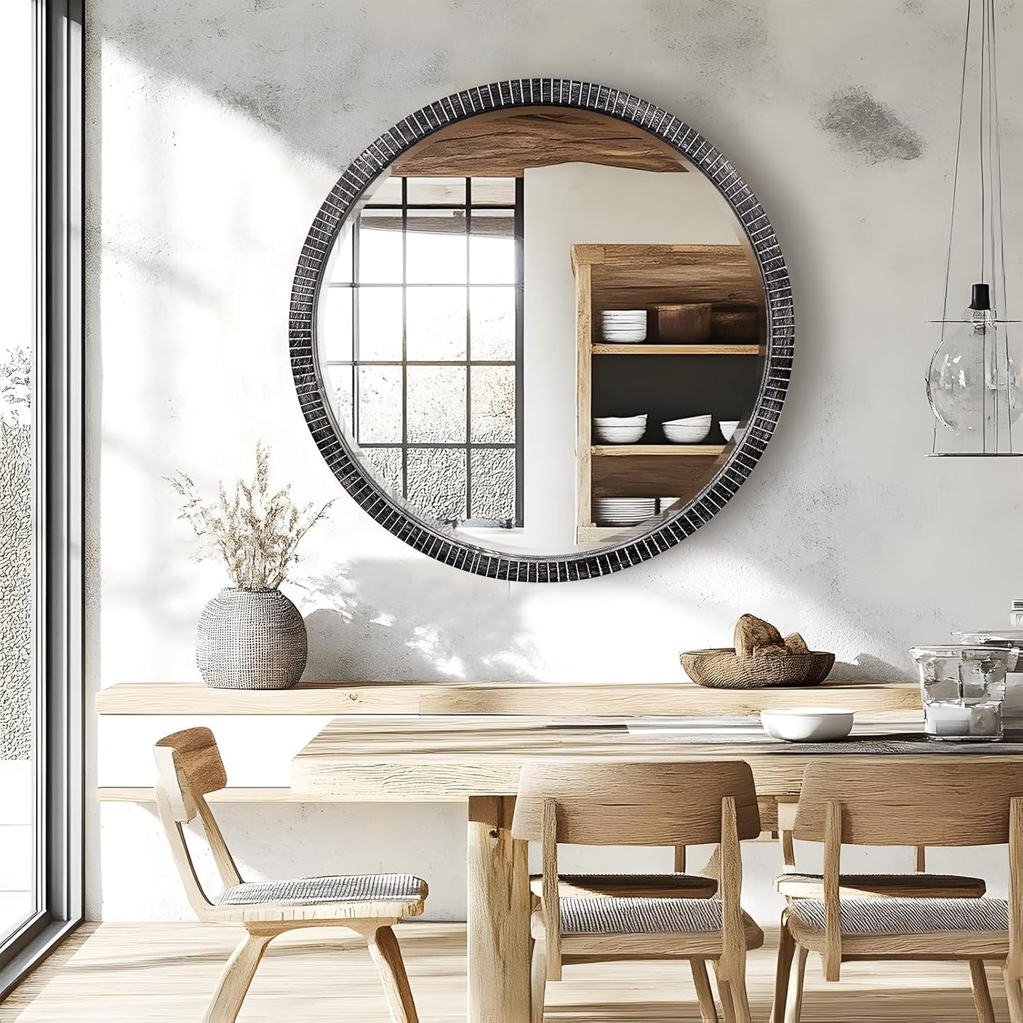 35" Round Wood Mirror, Rustic Circle Wall Mirror with Beveled, Wooden Round Mirror for Wall Decor, Decorative Wall-Mounted Mirror for Entryway, Living Room, Washed Black Frame