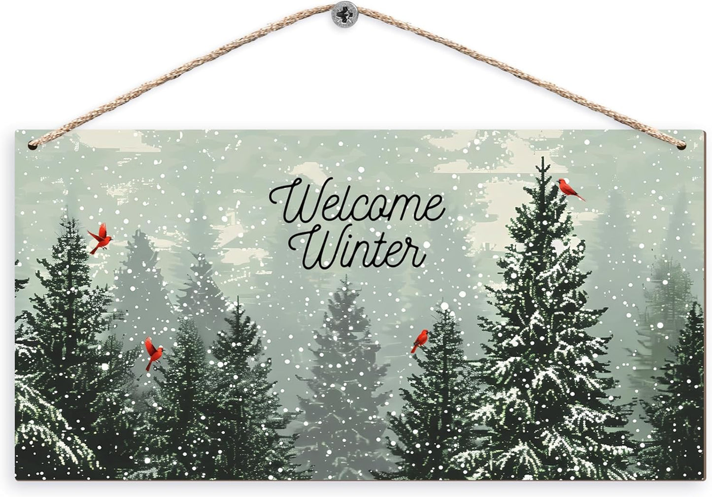 Welcome Winter Hanging Wooden Signs 12x6, Pine Tree Decor, Winter Door Decorations, Winter Door Sign, Snowflake Pine Trees Birds Home Room Office Hanging Wall Decor