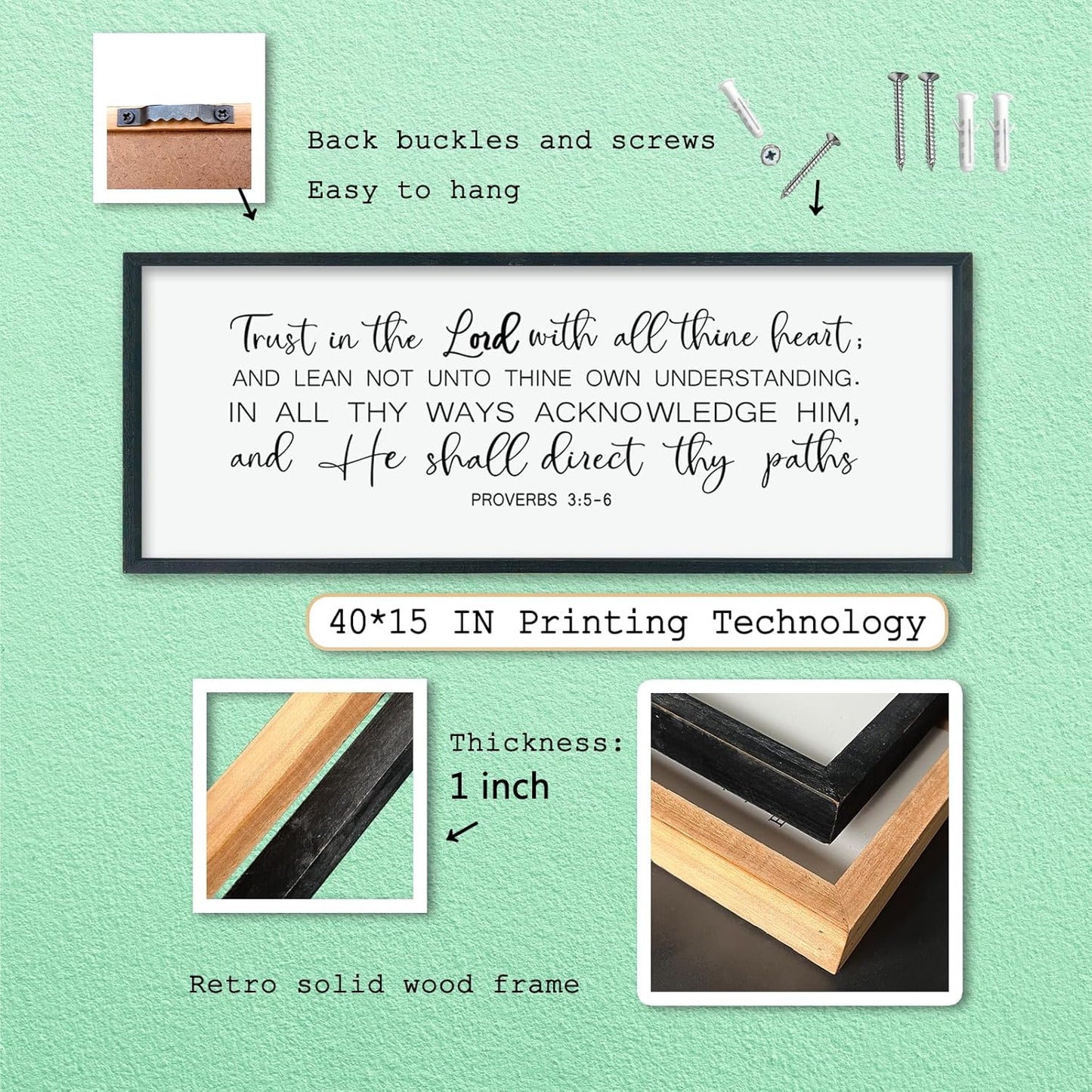 LuZhiQiang Trust in the Lord With All Thine Heart Wall Art Decor 40"×15" Proverbs 3:5-6 Sign Bible Verse Christian Scripture Large Wooden Framed Wall Hanging (Black)