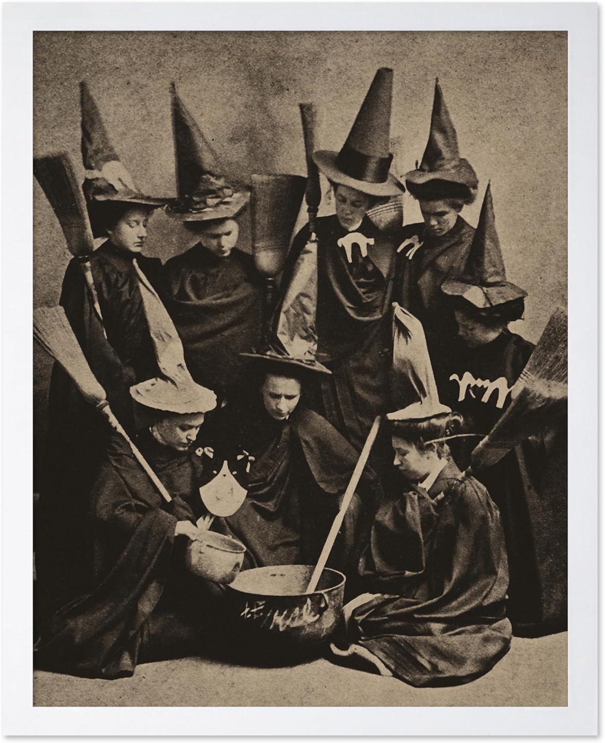 Poster Master Vintage Photograph Poster - Retro Halloween Print - Gift for Artist, Friend - Witches Cooking, Pointy Hats, Broomsticks, Black Magic - Wall Decor for Bedroom, 8x10 White Framed