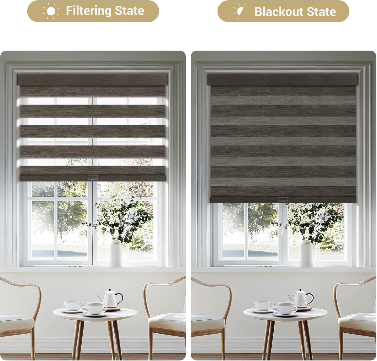 Cordless Zebra Blinds for Windows, Blackout Interior Blinds,Easy to Install,UV Protection,for Offices and Home,Custom Roller Shades, Mousse Dark Bown,49" W x 48" H