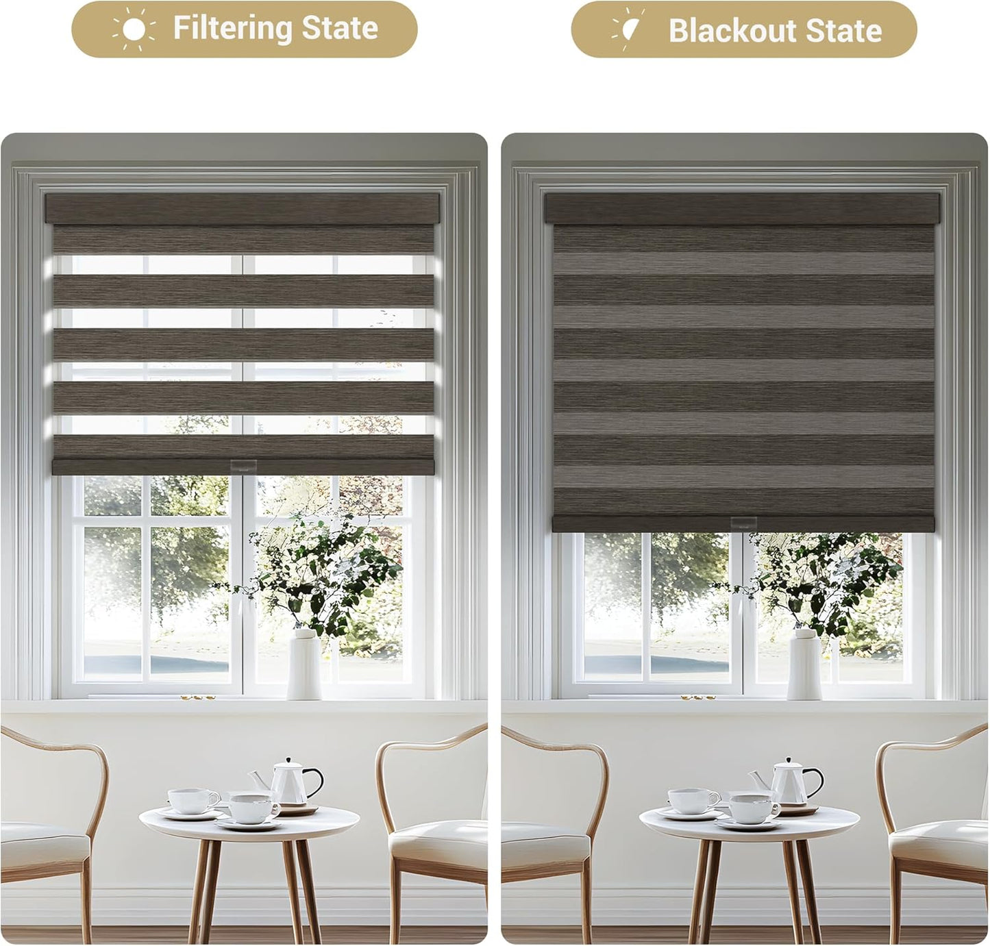 Cordless Zebra Blinds for Windows, Blackout Interior Blinds,Easy to Install,UV Protection,for Offices and Home,Custom Roller Shades, Mousse Dark Bown,33" W x 56" H