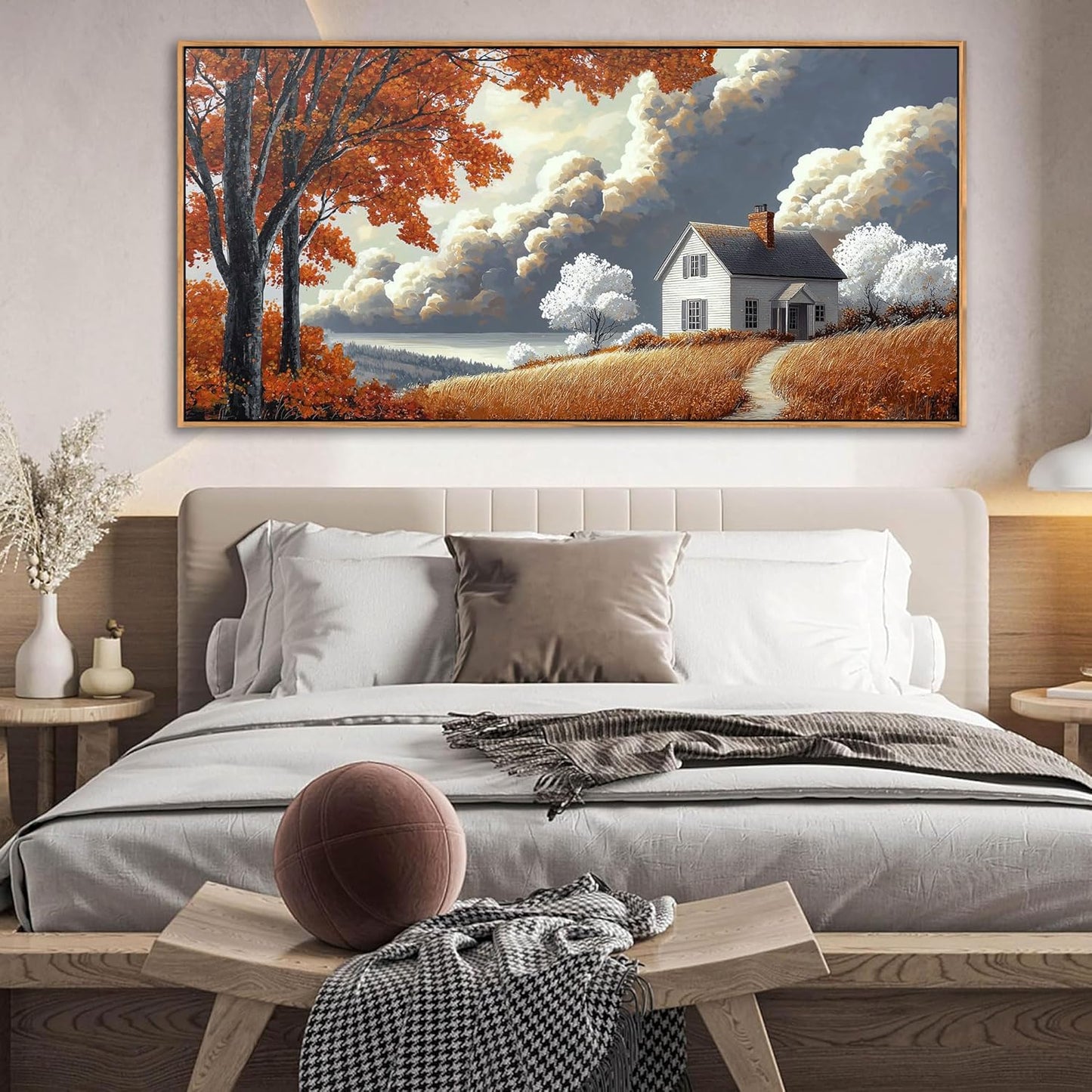 QZQCBLC Large Canvas Wall Art, White Clouds Orange Trees Gallery Pictures Farmhouse Cottage Painting Framed Artwork for Living room Bedroom kitchen Home Office Wall Decor 29x58 IN