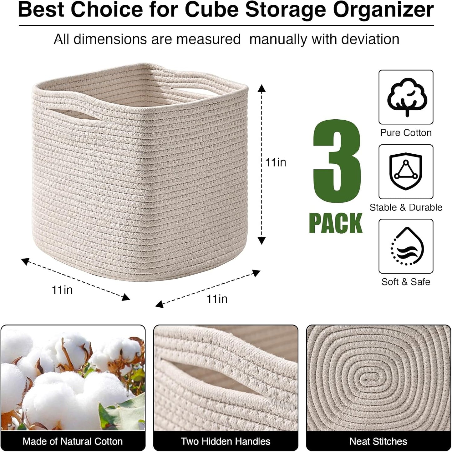 11 Inch Cube Storage Bins, Organizer Bins, Woven Cotton Rope Baskets for Storage, Storage Baskets for Organizing Shelves, White Basket for Toys, Off White (Pack of 3)