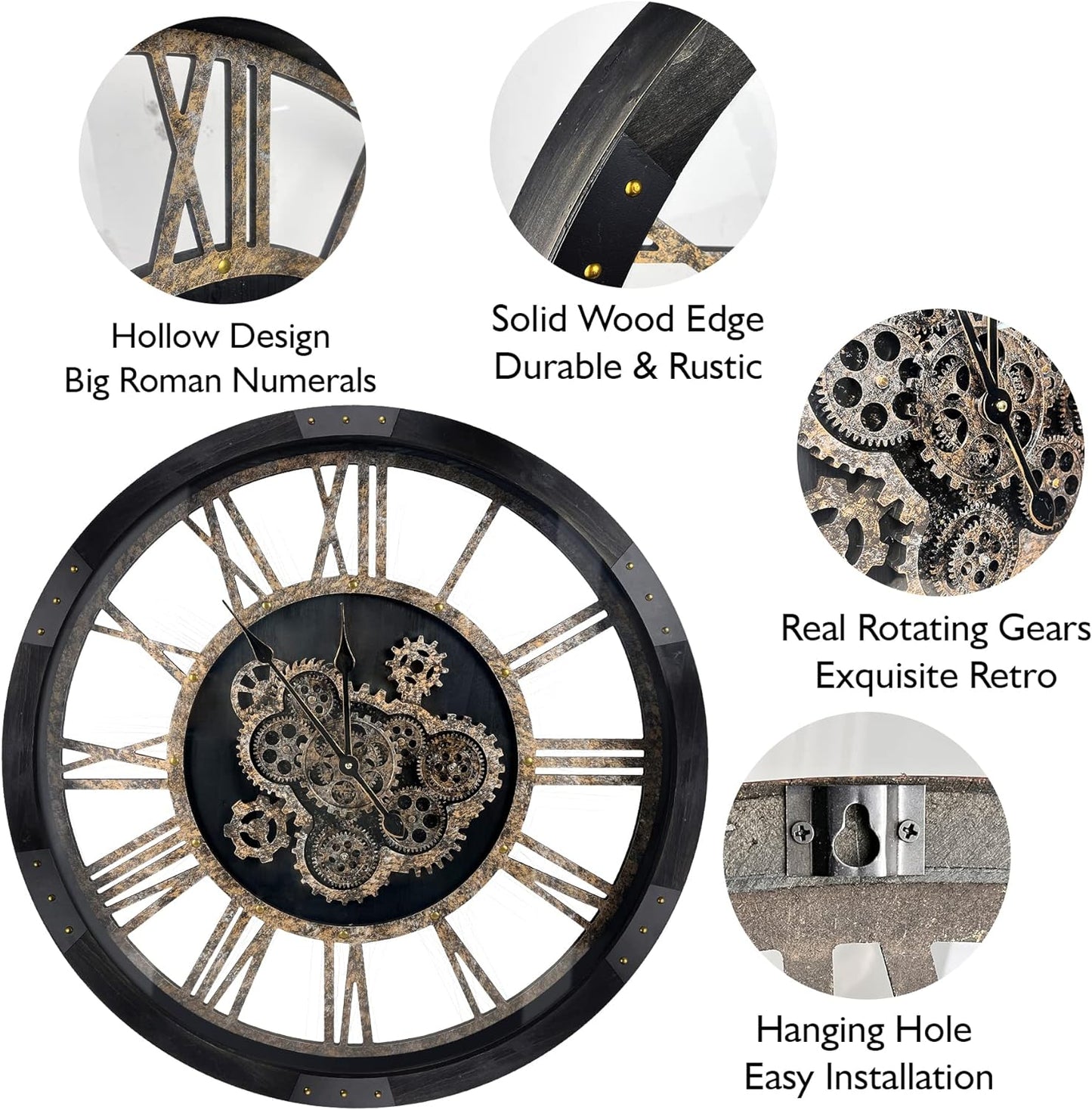 DORBOKER 36" Extra Large Wall Clock with Moving Gears, Oversized Giant Industrial Steampunk Rustic Clocks for Wall Decor Living Room Home Office, Solid Wood Vintage Black and Bronze Gears