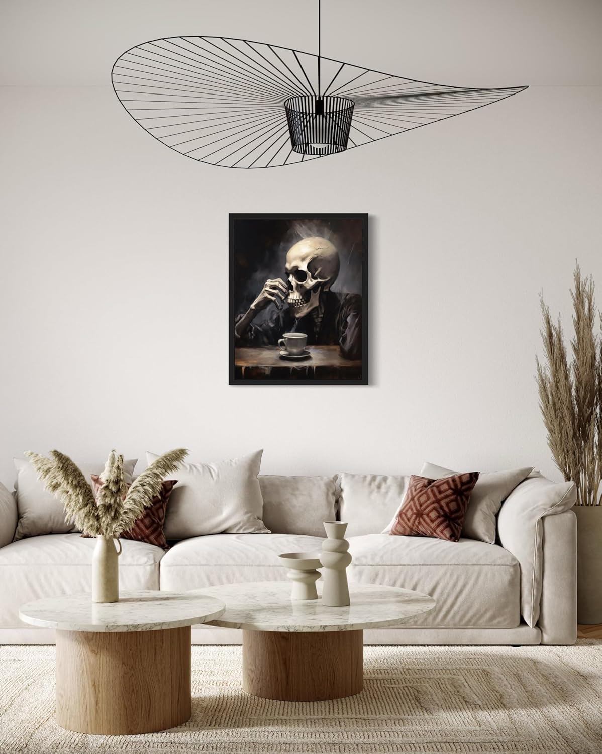 Skull Drinking Coffee Poster Art Print, Halloween Scary Vintage Wall Art Academia Spooky Painting Decoration for Horror Prints, Gothic Posters Bedroom Decor 89 (Skull Drinking Coffee, 8 x 10 inches, Black Frame)