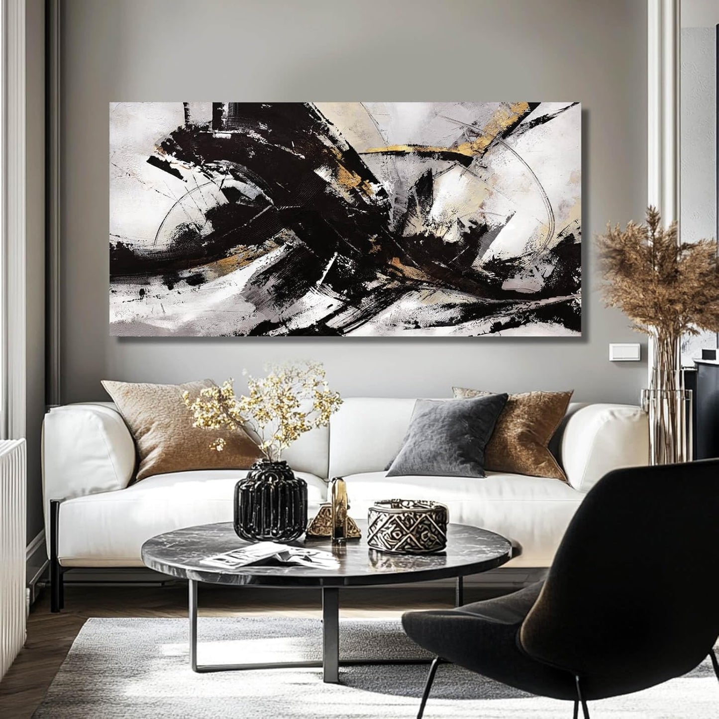 Black Art Abstract Wall Pictures Canvas Wall Art Grey Wall Decor Vintage Artwork Poster Prints Art for Office Hotel 24"x48"