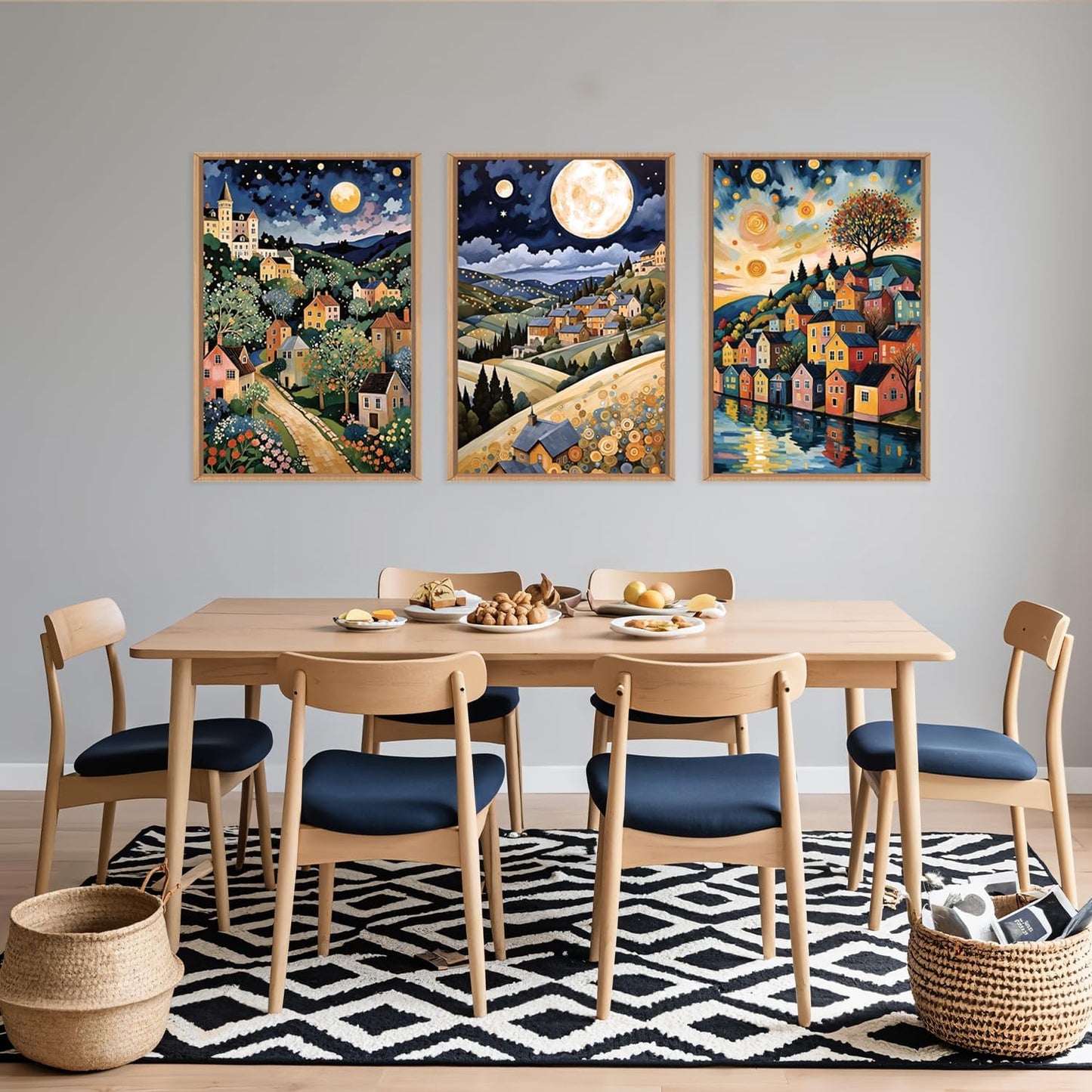 LHIUEM Large Abstract Colorful Framed Canvas Wall Art,Retro Night Village Wall Decor,Natural Moon Stars Wall Painting,Gustav Klimt Scenery Artwork for Living Room,Bedroom,Dining Room,Office -24"x36"x3