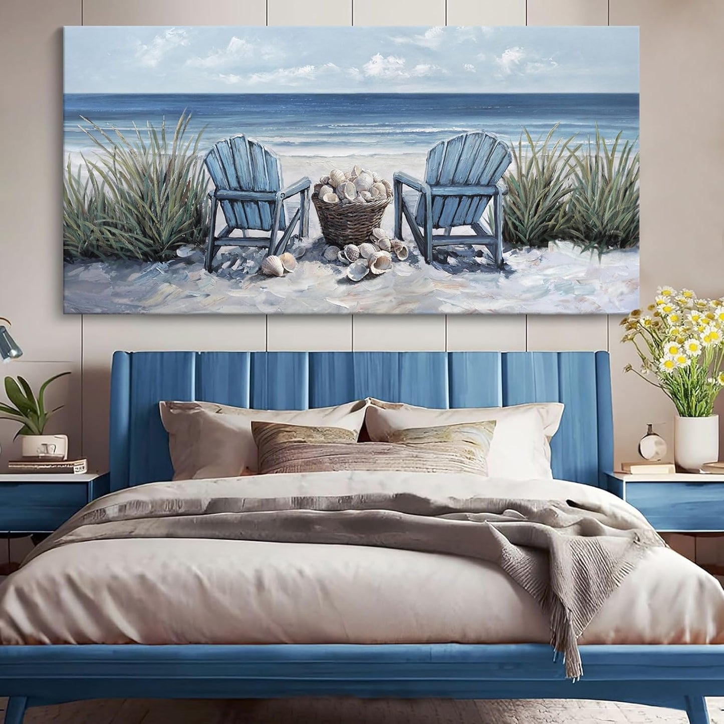 HGUAOA Coastal Wall Art - Large Landscape Wall Pictures for Living Room, Bedroom Pictures, Ocean Beach Artwork, Blue Wall Art, Above Bed Decor, Coastal Landscape Wall Art, Beach Pinting