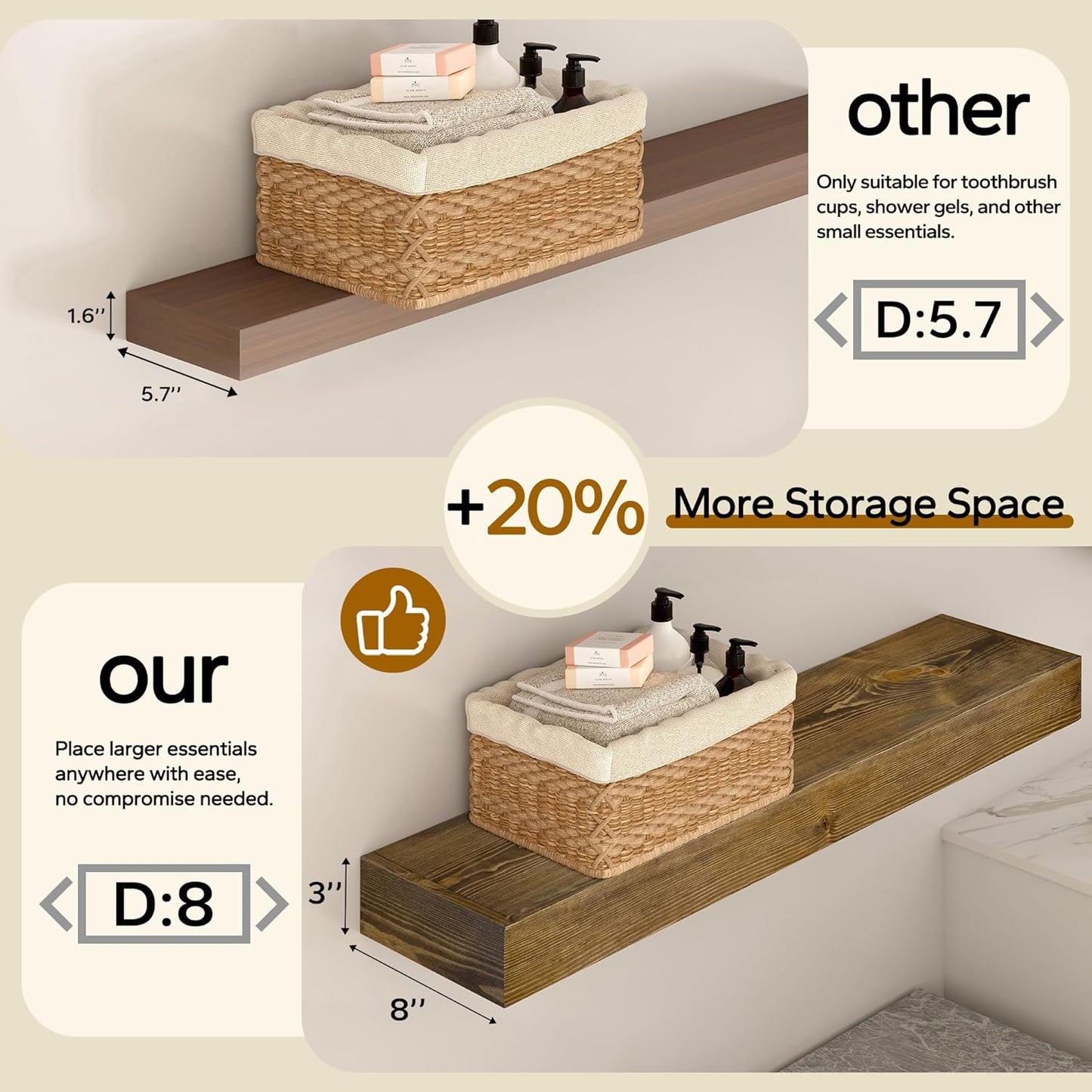 Floating Shelves 24 inch for Wall Set of 2,3 inch Thick Pine Wood Wall Mount Shelf for Kitchen Living Room Bedroom Bathroom,8" D x 24" L x 3" H-Drak Walnut