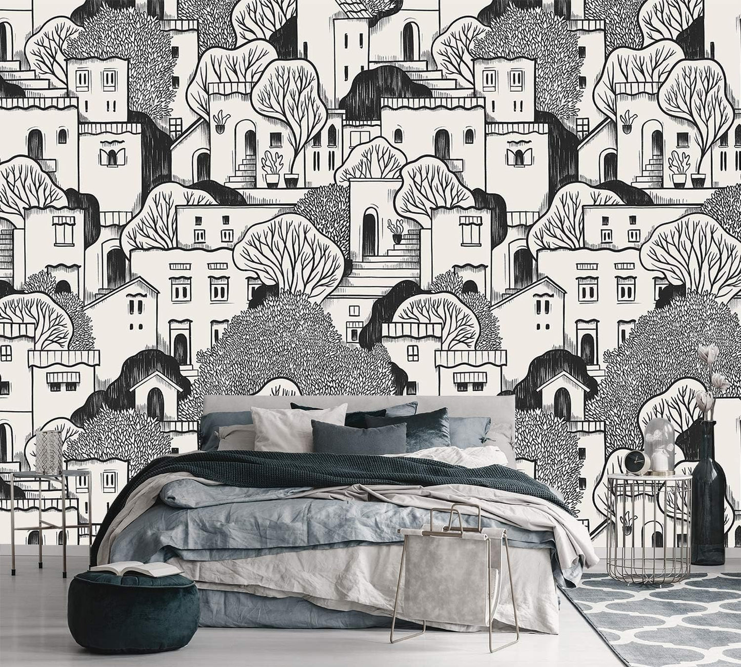 AFZEVEB-Black House with Trees Nursery Wallpaper murals for Bedroom 114"x74" (Not Peel and Stick)