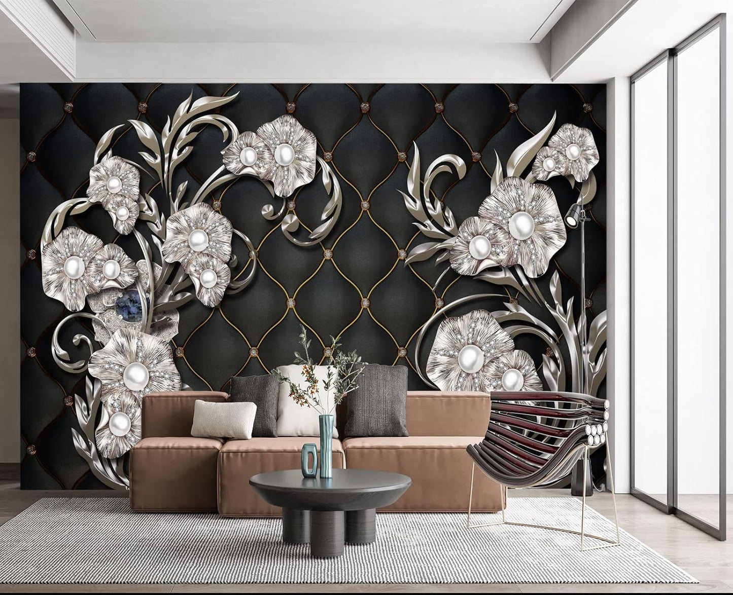 Black Hard Wrapped Pearl Embossed Flowers Wall Mural Wallpaper for Bedroom 103" x 69"
