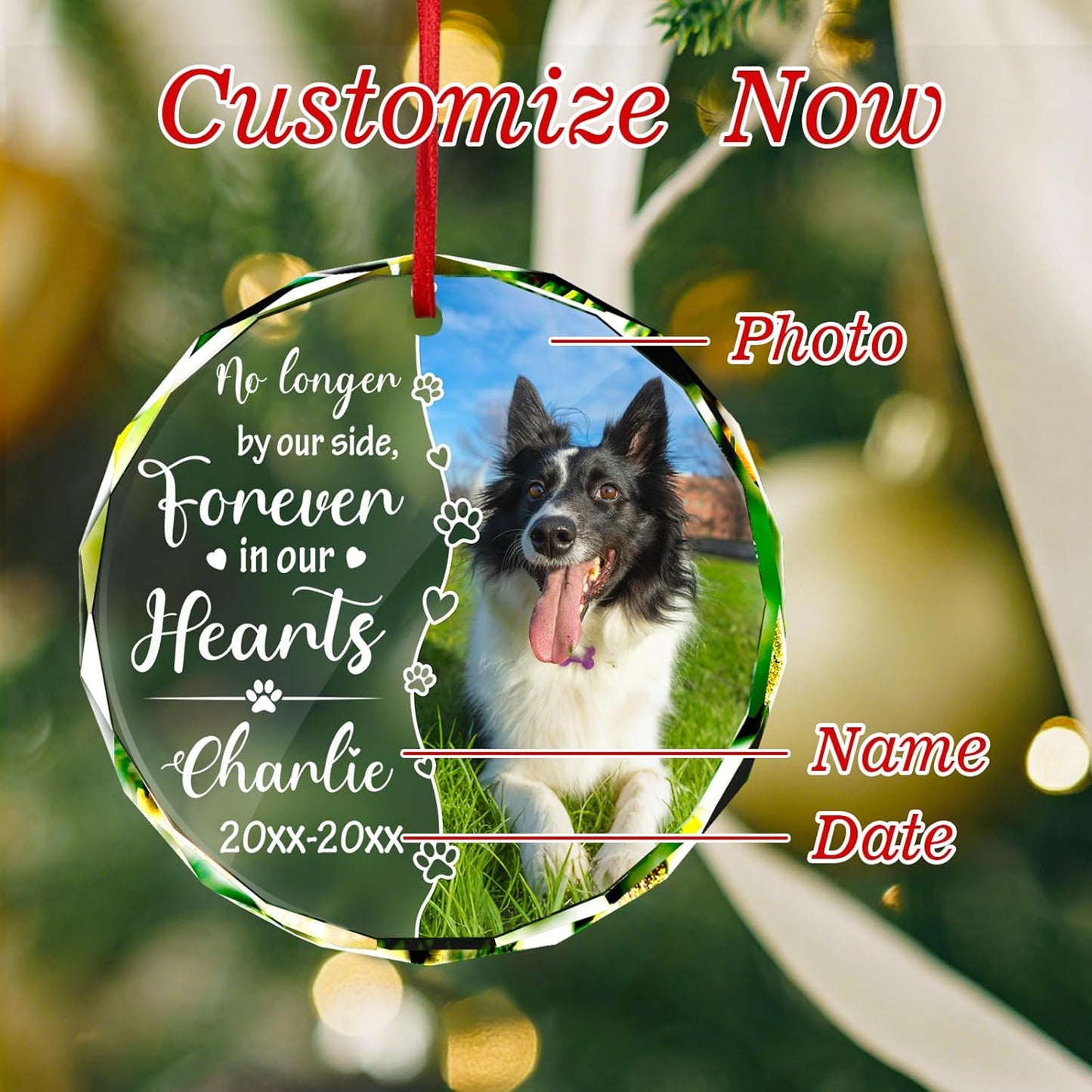 Personalized Memorial Pet Glass Ornament - Custom Picture Christmas Ornaments, Dog Forever in Our Hearts Hanging Ornament Xmas Tree Decor for Dog Lovers