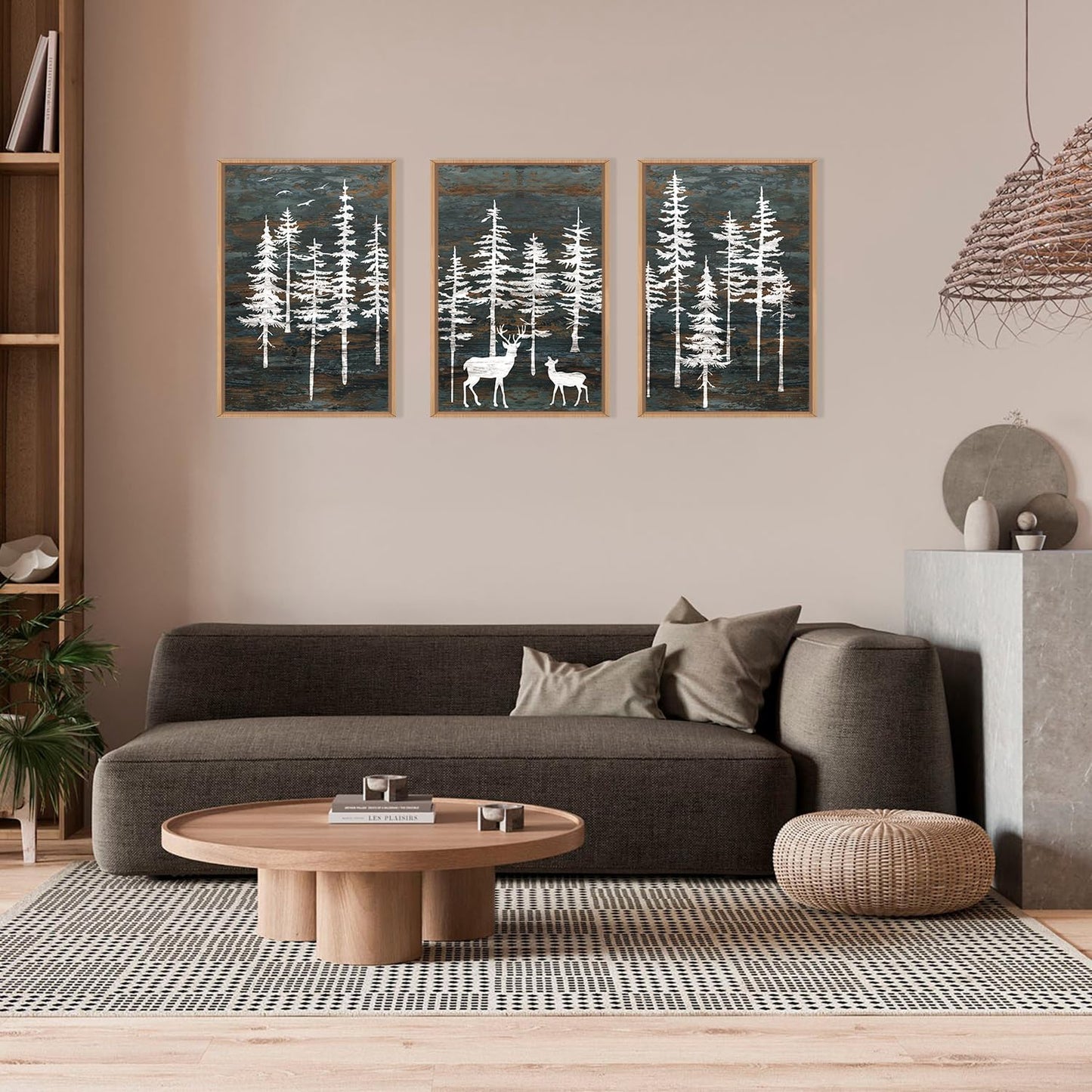 Celestdeco Modern White Forest Framed Canvas Wall Art Set, Minimalist Woodland Art Painting, Retro Tree Landscape Wall Decor, Wildland Deer Artwork for Living Room, Dining Room, Office - 24"x36"x3