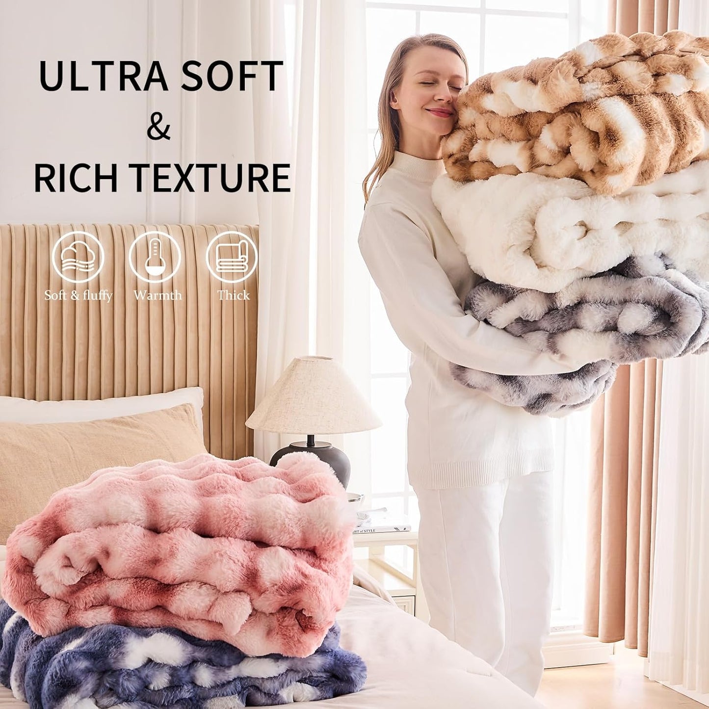 Cozy Faux Fur Throw Blanket for Bed-Warm Fuzzy Throw Blanket, Soft Plush Thick Bubble Blankets for Bedroom and Living Room, Furry Luxury Blanket, 90 x 108,Tie-Dye Blue