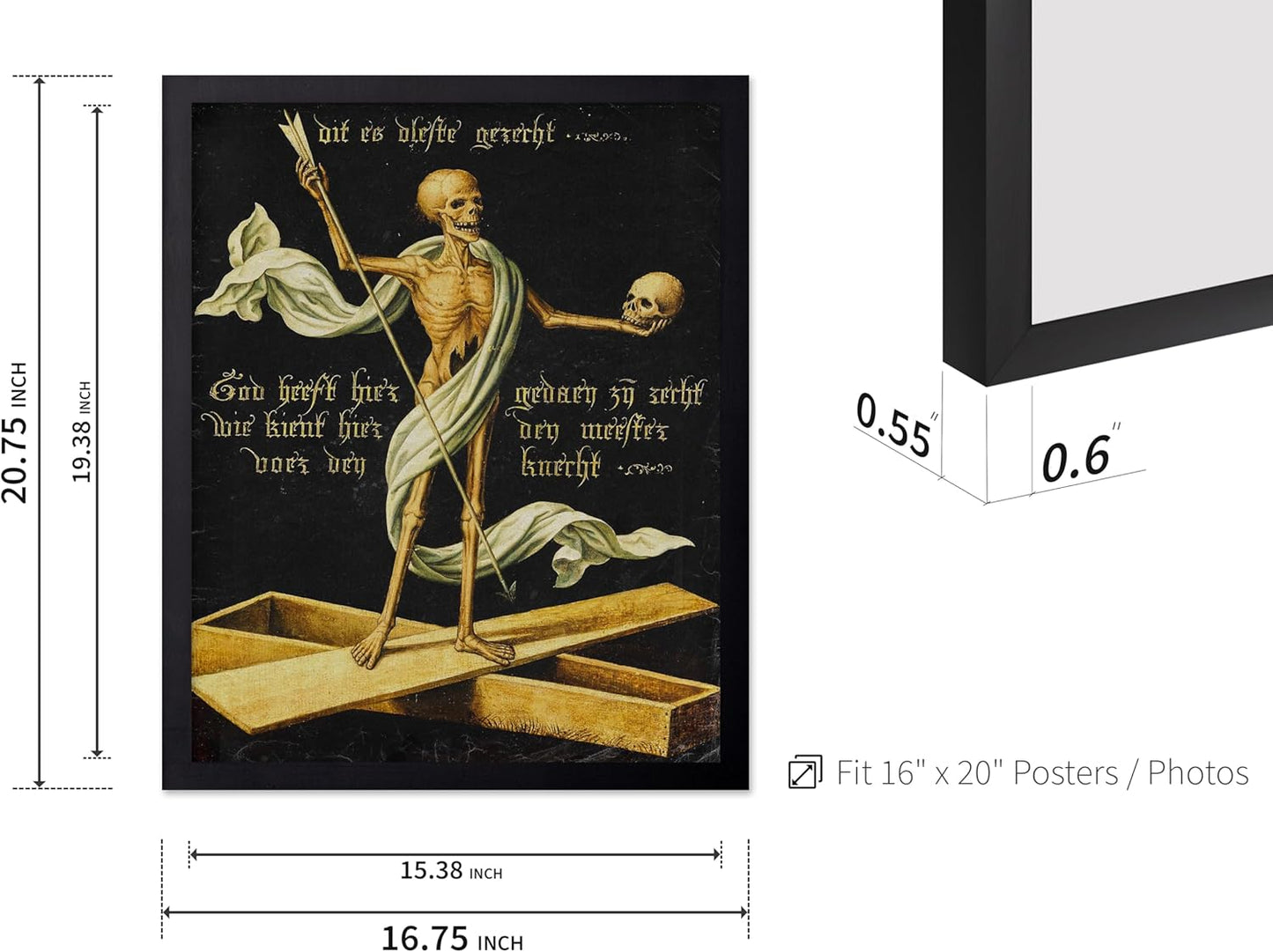 Poster Master Vintage Medieval Poster - Retro Gothic Print - Gift for Artist, Friend - Allegory of Life and Death, Skeleton, Dark, Skull - Wall Decor for Home, Living Room, 16x20 Black Framed