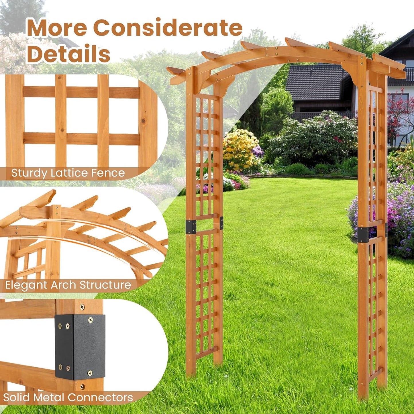 Giantex 7.5FT Wood Garden Arbor Trellis, Wooden Wedding Arch for Ceremony Party, Outdoor Archway Pergola for Climbing Plants, Pathway, Yard, Garden Decor, Easy Assembly (Honey Brown, 63''W x 90''H)