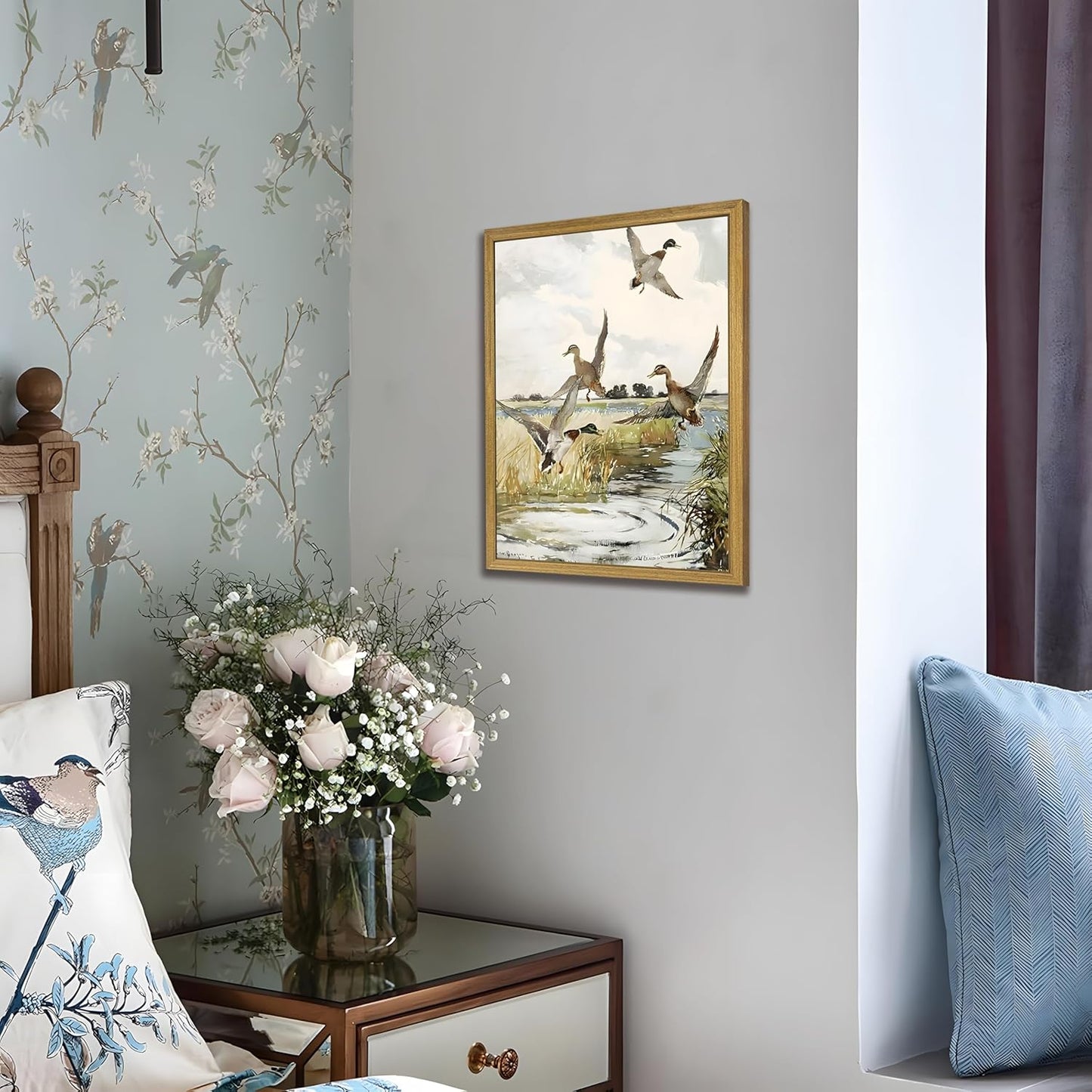 Framed Vintage Duck Wall Art Print, Rustic Mallard Watercolor Canvas Poster Wall Decor, Country Wildlife Bird Illustration for Farmhouse Living Room Kitchen Bedroom Decor 12x16 Inch