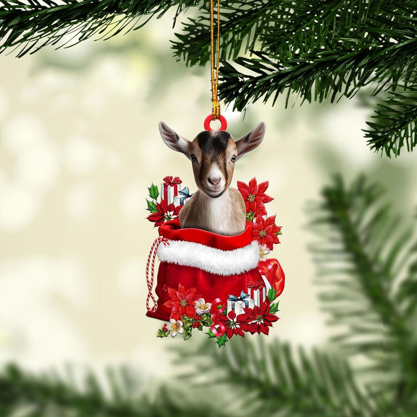 Talataca Goat 2D Flat Christmas Ornament, Goat in Red Santa Gift Bag Pine Tree Decor, Hanging House Charm Eve Keepsake, Car Rear View Mirror Accessories, Xmas Gift