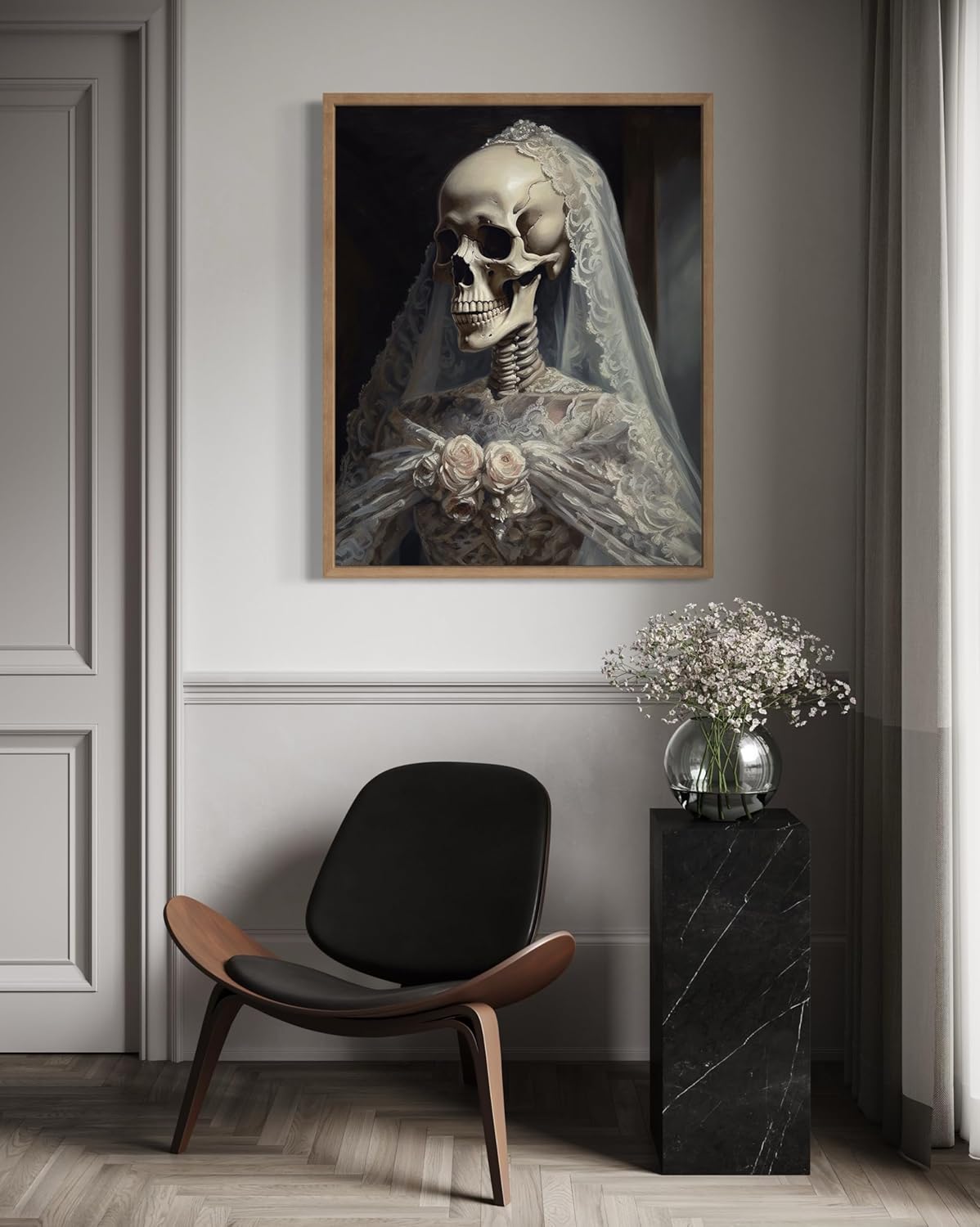 Skull Gown Poster Art Print, Halloween Scary Vintage Wall Art Academia Spooky Painting Decoration for Horror Prints, Gothic Posters Bedroom Decor 89 (Skull Gown, 16 x 20 inches, Wood Frame)