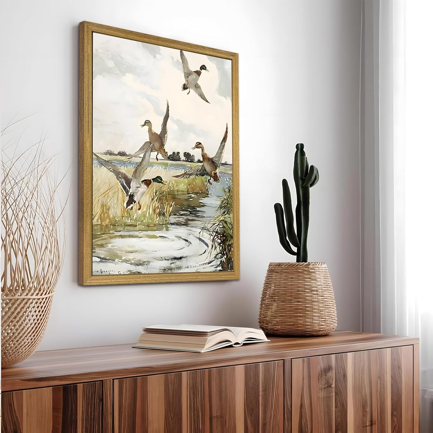 Framed Vintage Duck Wall Art Print, Rustic Mallard Watercolor Canvas Poster Wall Decor, Country Wildlife Bird Illustration for Farmhouse Living Room Kitchen Bedroom Decor 16x24 Inch