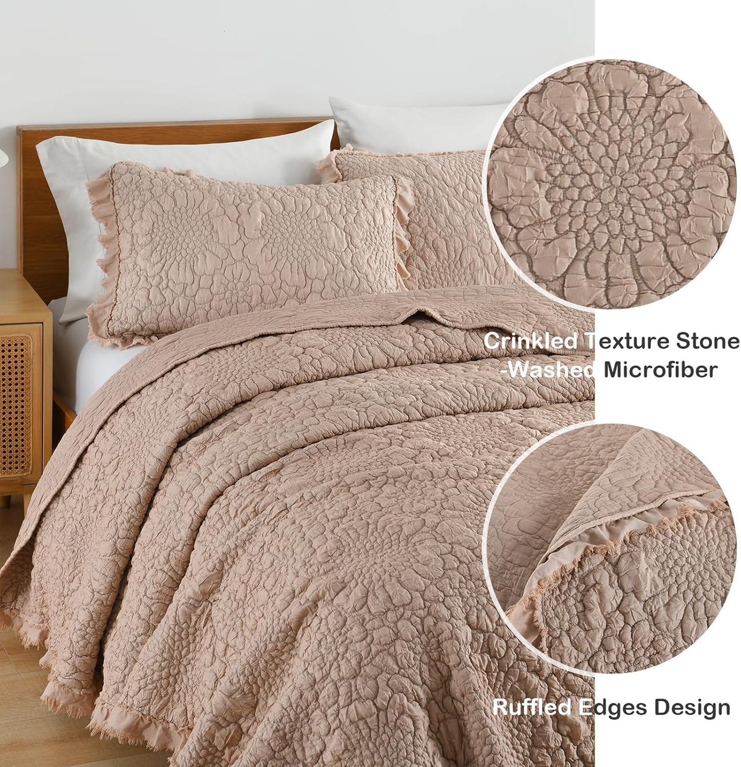 HORIMOTE HOME Pinkish Grey Ruffled Quilt Queen Size, Stone-Washed Lightweight Crinkled Farmhouse Rustic Shabby Chic Bedding Set, 3 Pieces Reversible Bedspread with Pillow Shams for All Season