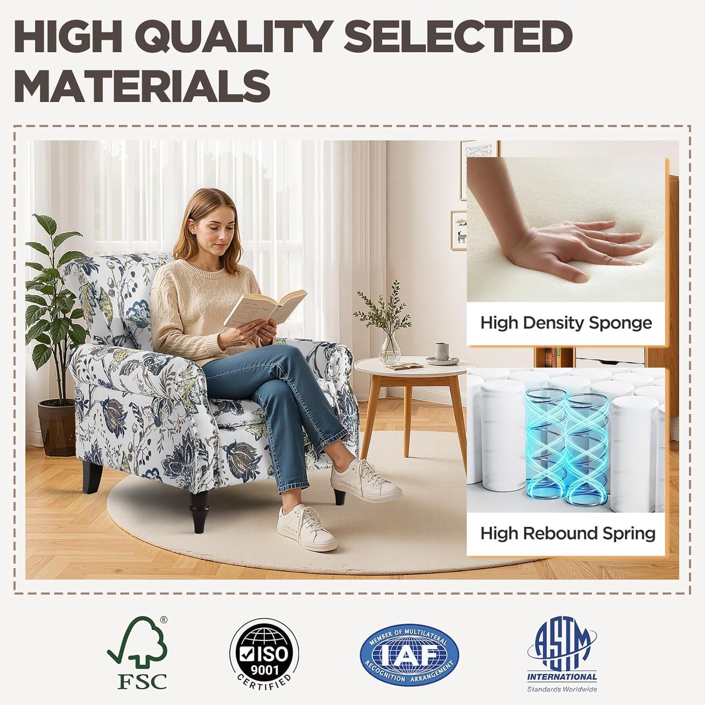 Wingback Accent Chair with Removable Pillow, High Back Floral Armchair with Solid Wood Legs & Nailhead Trim, Comfy Upholstered Reading Single Sofa Chair for Bedroom (2, Blue Floral Pattern)