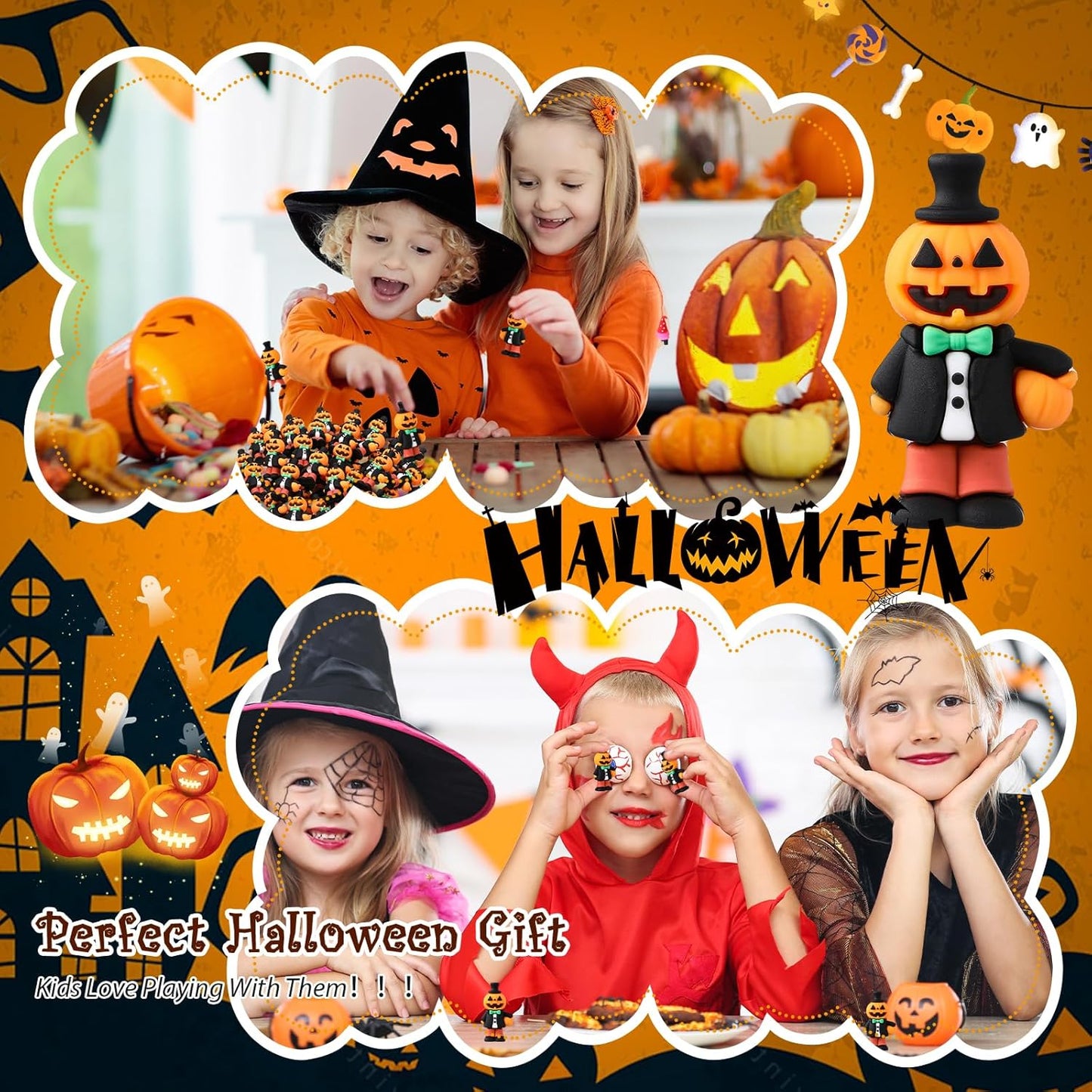 50 Pcs Halloween Mini Figurines Tiny Pumpkin Figures to Hide and Seek Rubber Wizard Miniatures Ornaments Gifts for Halloween Party Favors Table Decorations(Pumpkin)