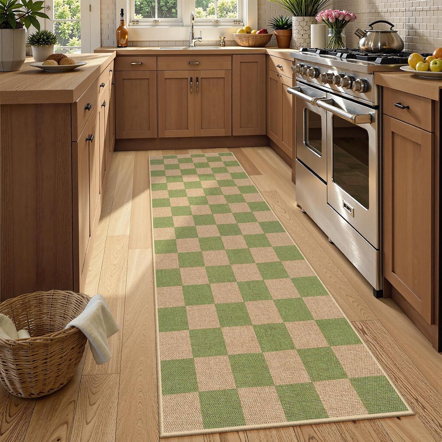 Lahome Checkered Entryway Runner Rug, 2x8 Green Washable Rug Runners for Hallway Non Slip, Farmhouse Indoor Outdoor Non Shedding Kitchen Mats for Floor Porch Balcony