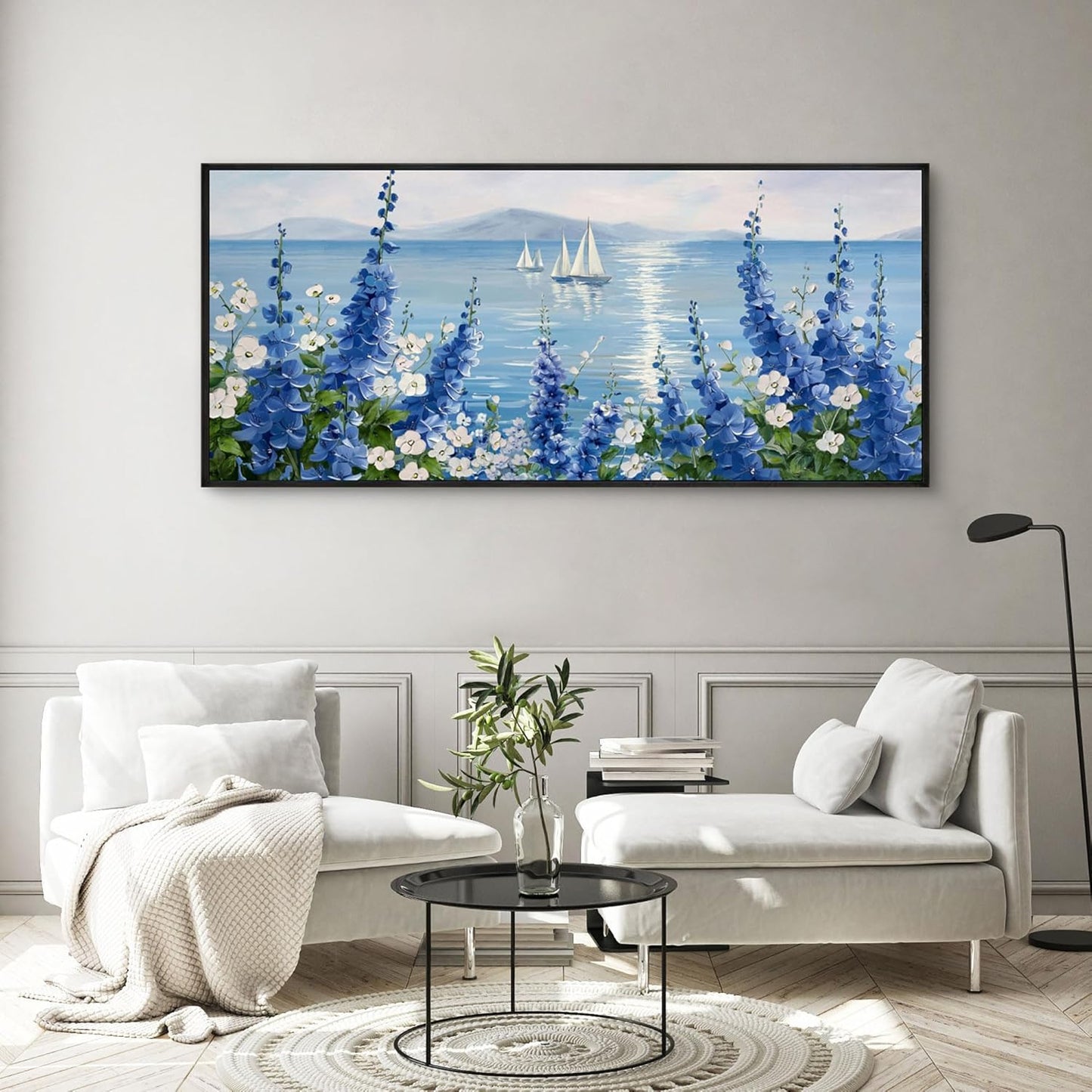 XLSJERST Large Sailboat Wall Art - Blue Canvas Abstract Painting Textured Picture Artwork Vintage Nautical Flower Painting Coastal Modern Print 70"x31" Frame for Living Room Bedroom Home Decoration