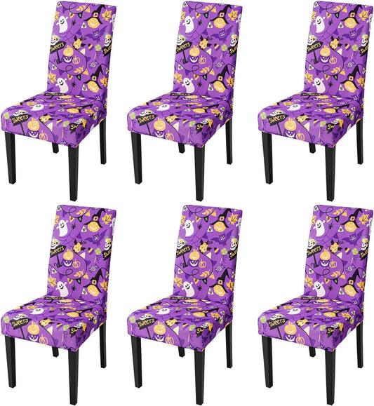 JQinHome Purple Halloween Chair Slipcover, Spider Web Chair Covers Set of 6, High Stretch Washable Chair Protector Cover for Dining Room, Kitchen,Home Party,Wedding Ceremony(Purple Candy,6PC)