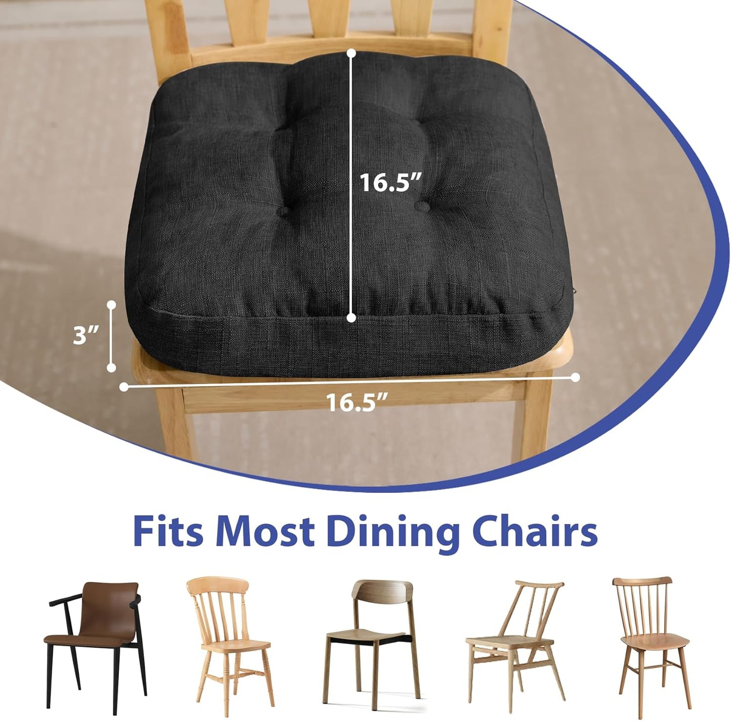 Chair Cushions for Dining Chairs, Dining Chair Cushions, Tufted Indoor Chair Pads with Ties & Non Slip Backing, Seat Cushions for Kitchen Chairs 16.5” x 16.5” x 3.5”, Set of 6, Black